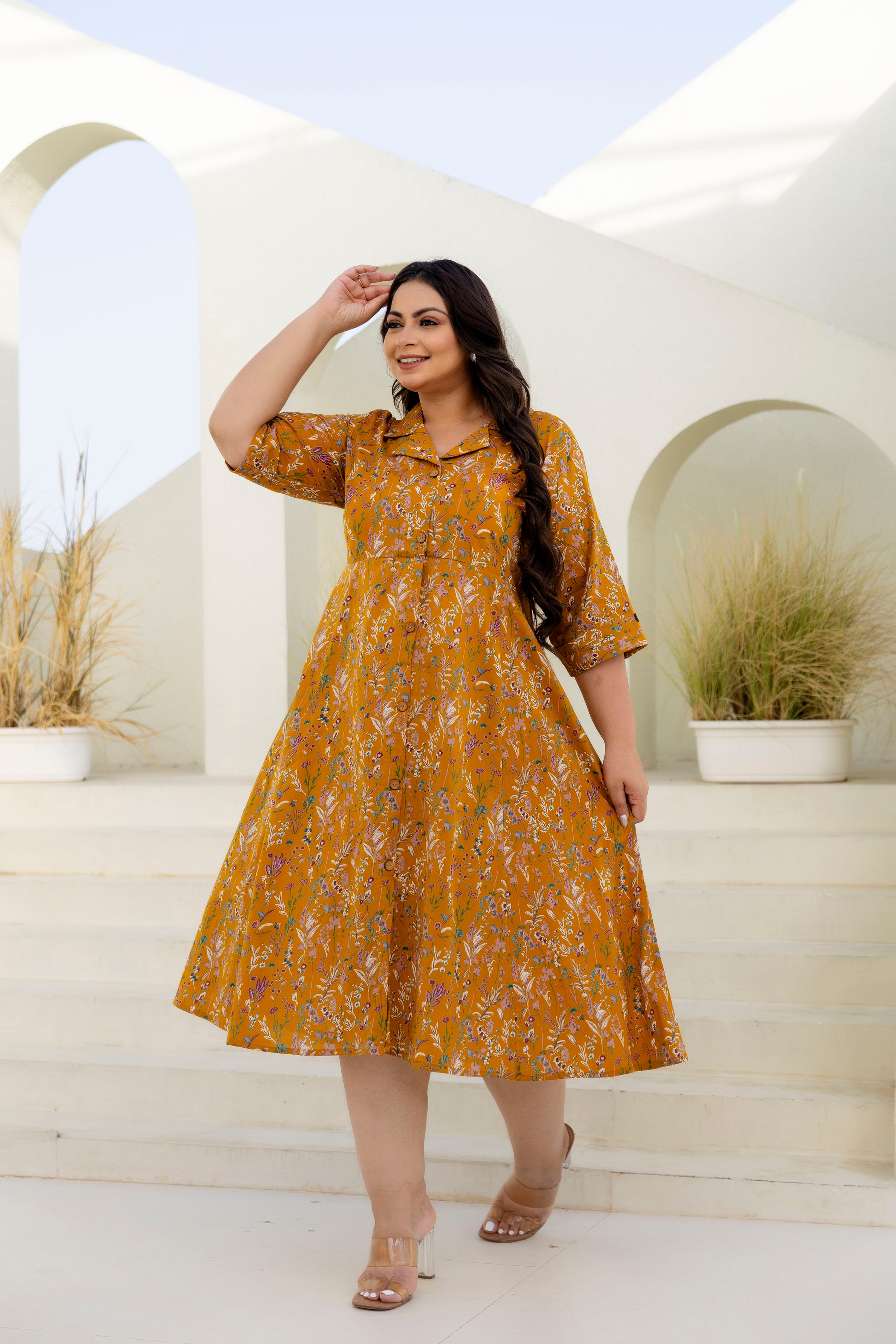 Mustard Floral Plus Size Dress