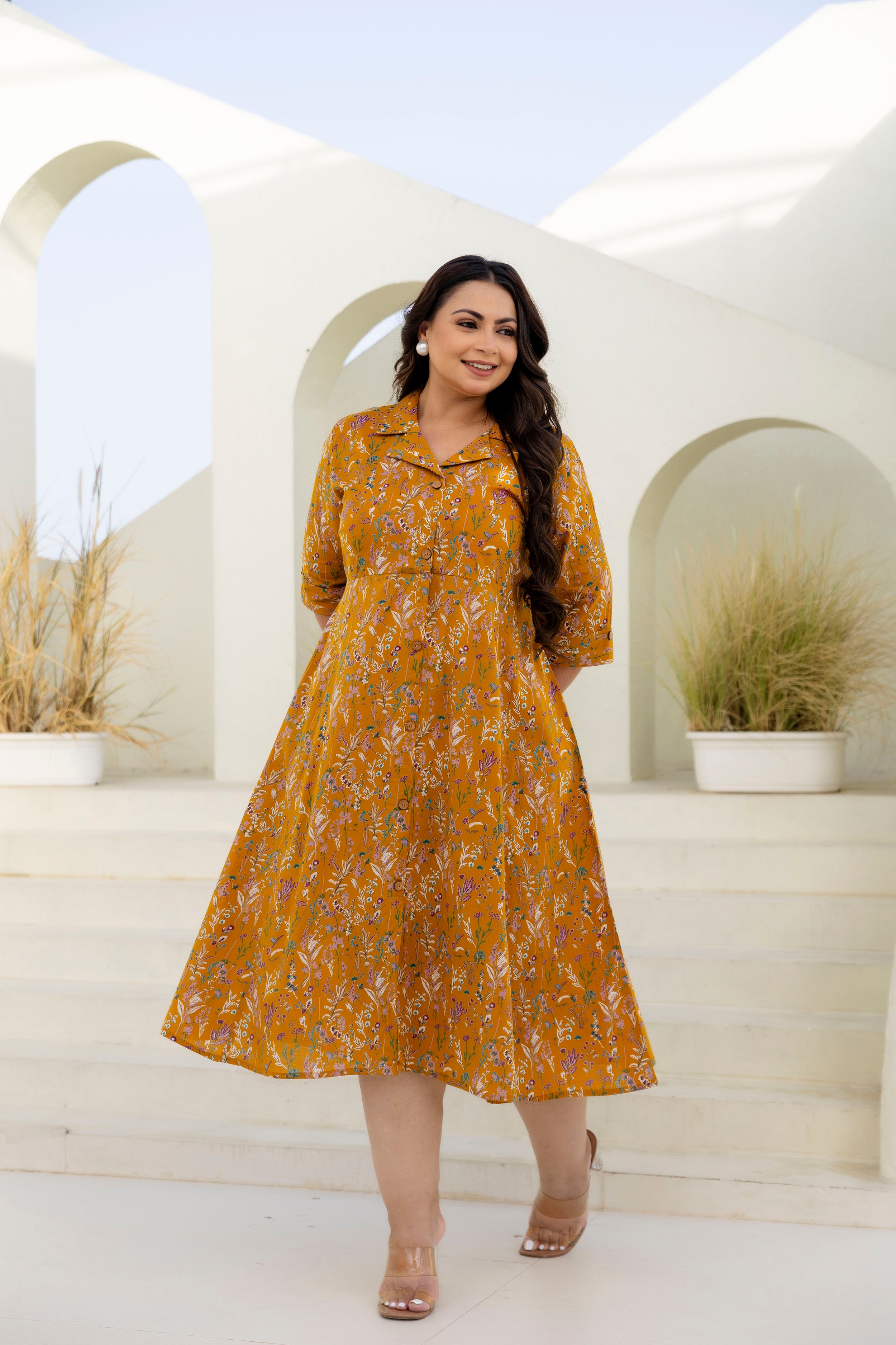Mustard Floral Plus Size Dress