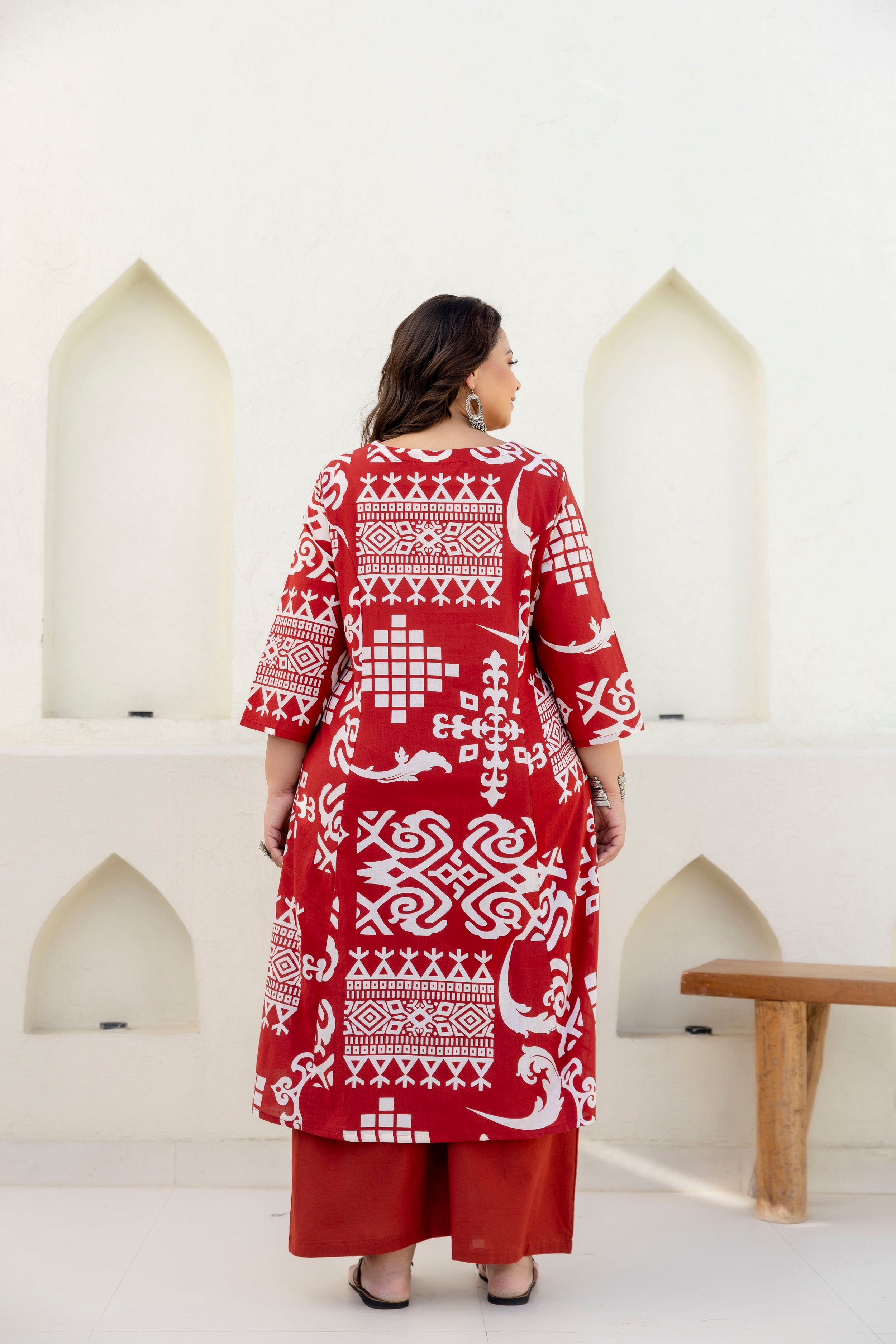Cream & Maroon Floral Kurta Palazzo Set