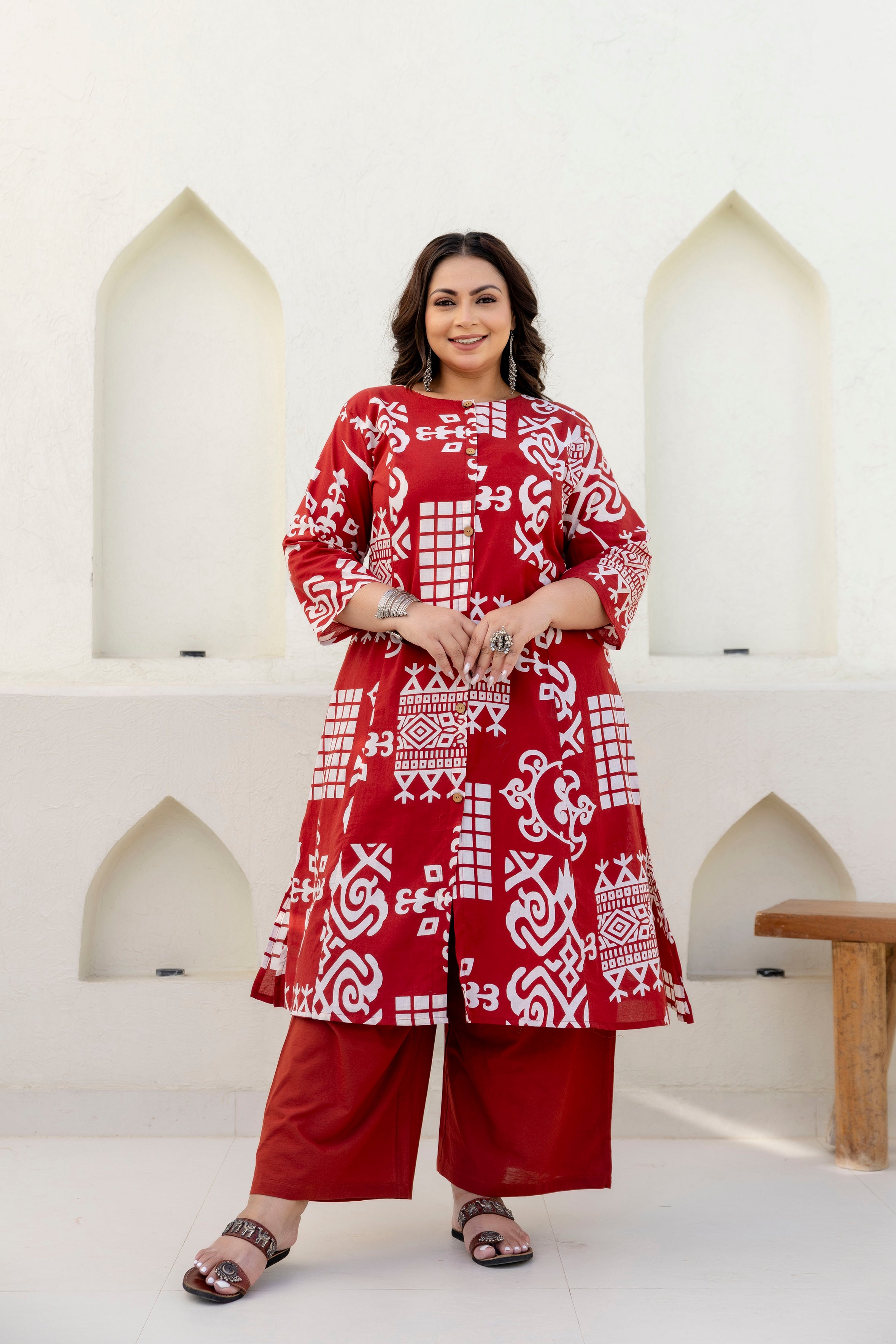 Cream & Maroon Floral Kurta Palazzo Set