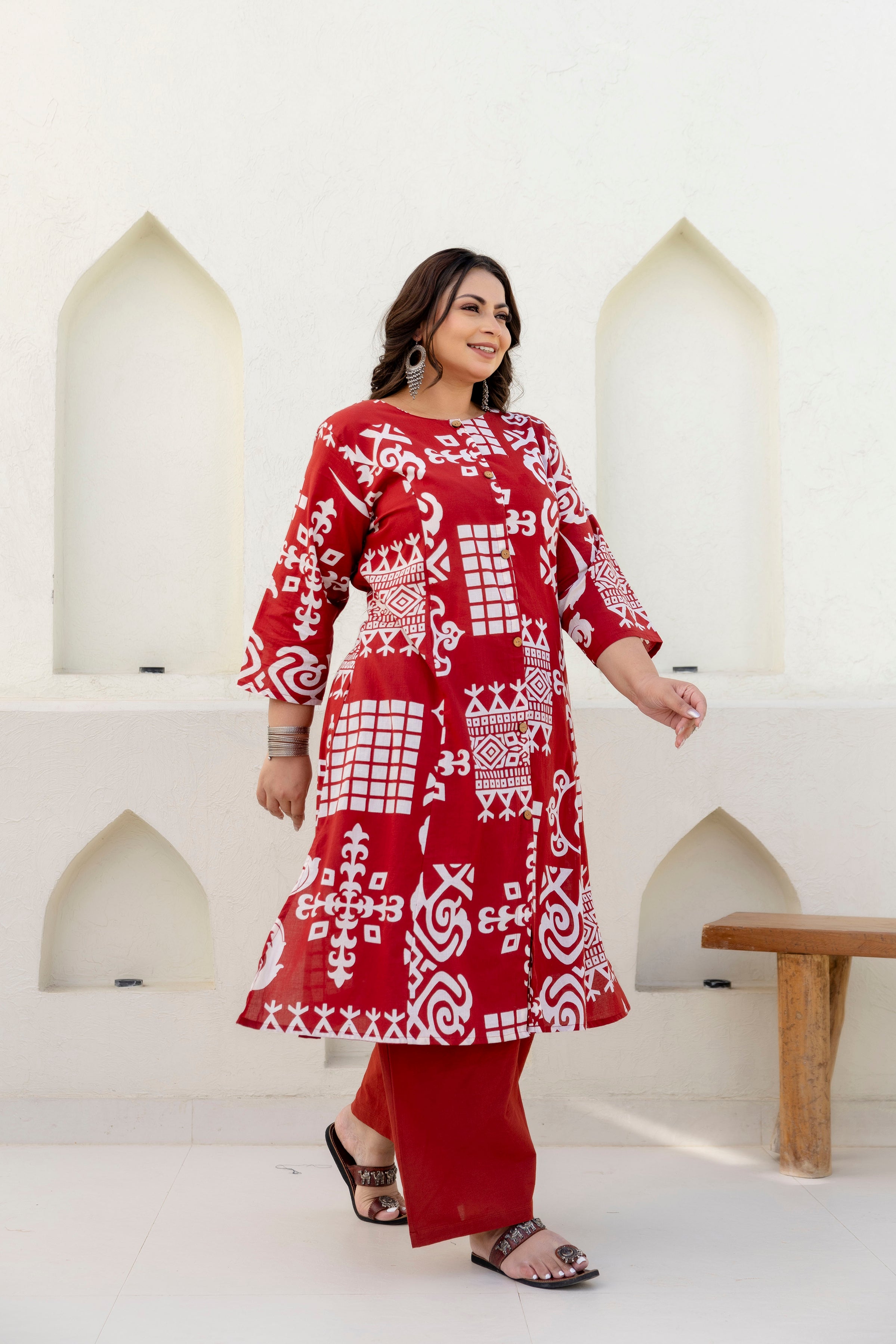 Cream & Maroon Floral Kurta Palazzo Set