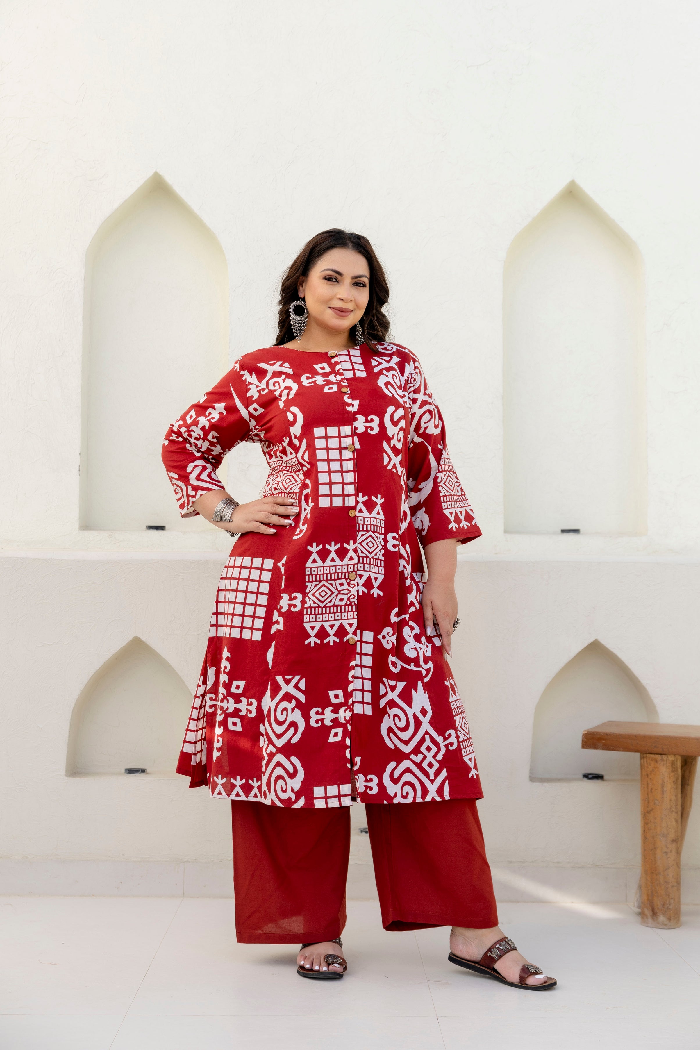 Cream & Maroon Floral Kurta Palazzo Set