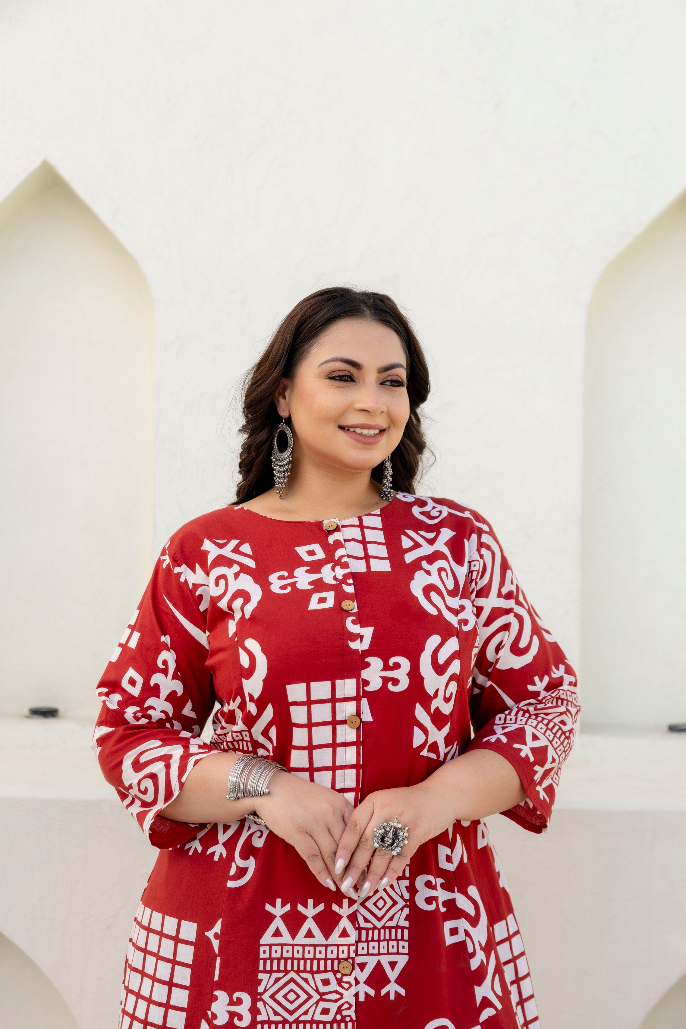 Cream & Maroon Floral Kurta Palazzo Set