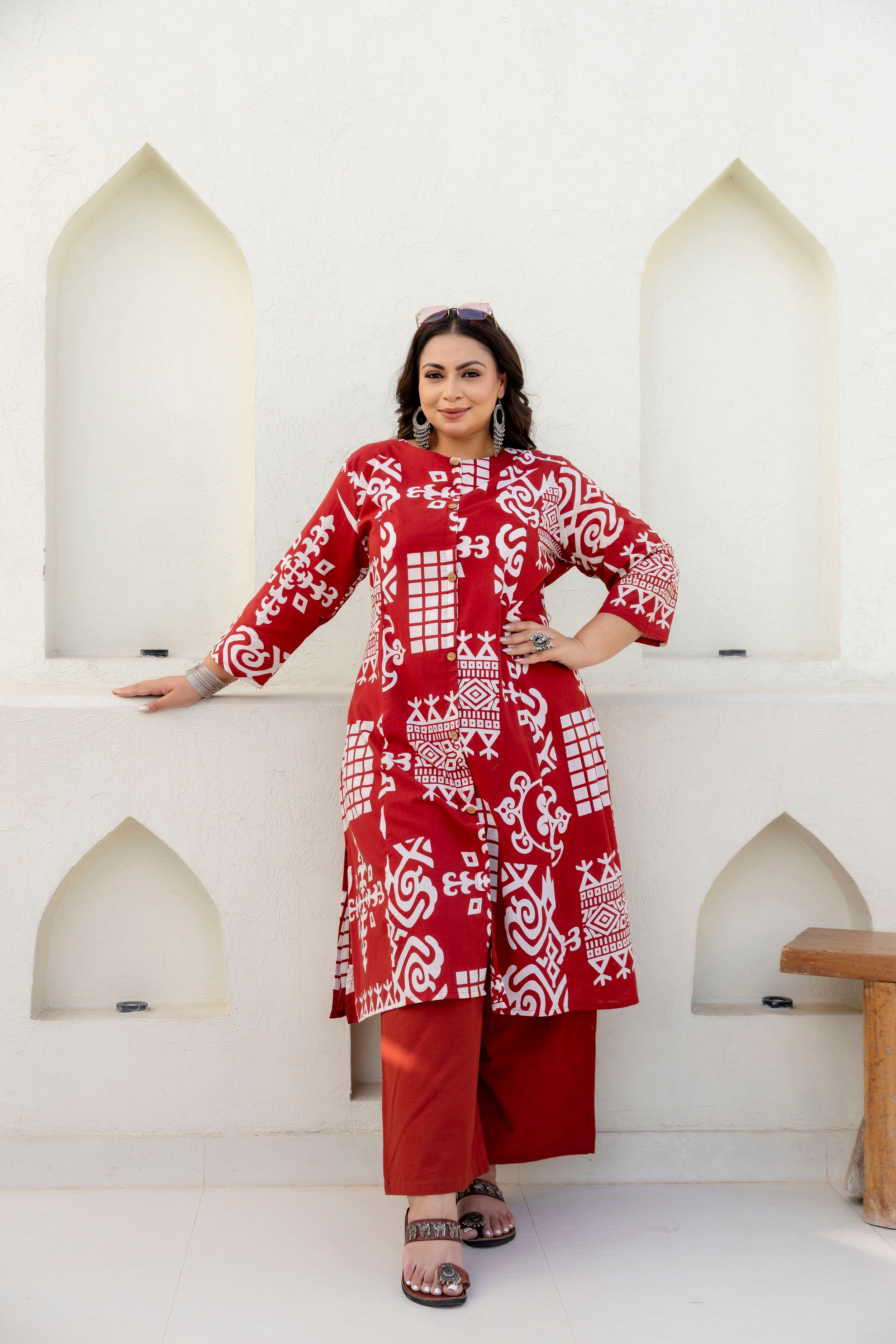 Cream & Maroon Floral Kurta Palazzo Set