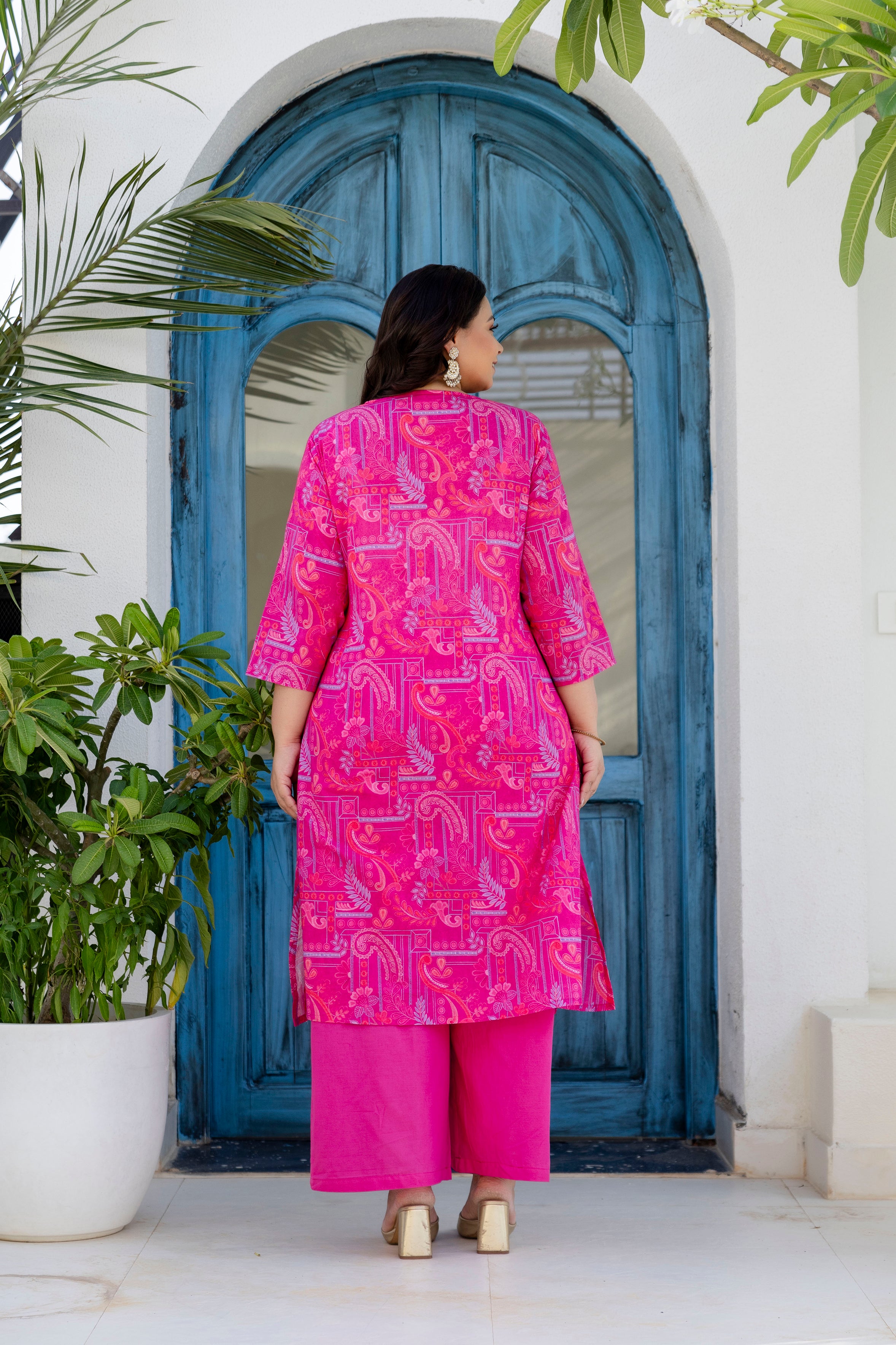 Magenta Blue Floral Kurta Palazzo Set