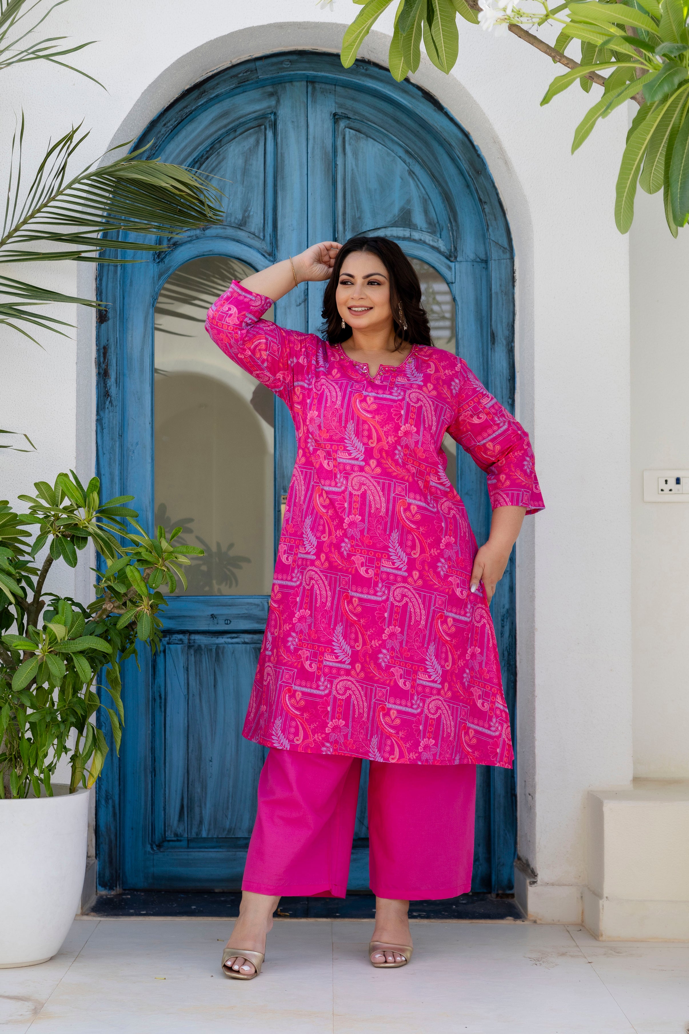 Magenta Blue Floral Kurta Palazzo Set