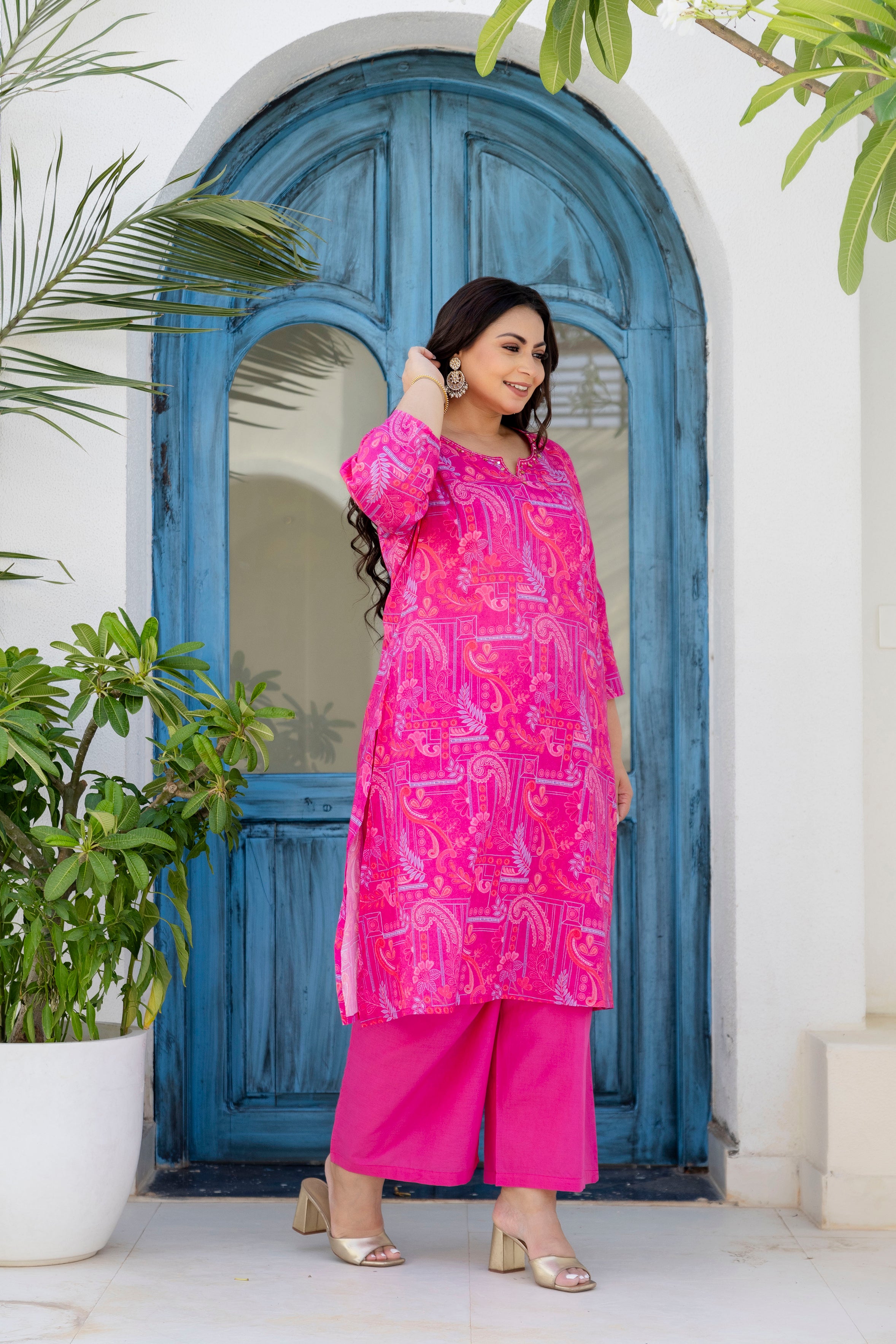 Magenta Blue Floral Kurta Palazzo Set