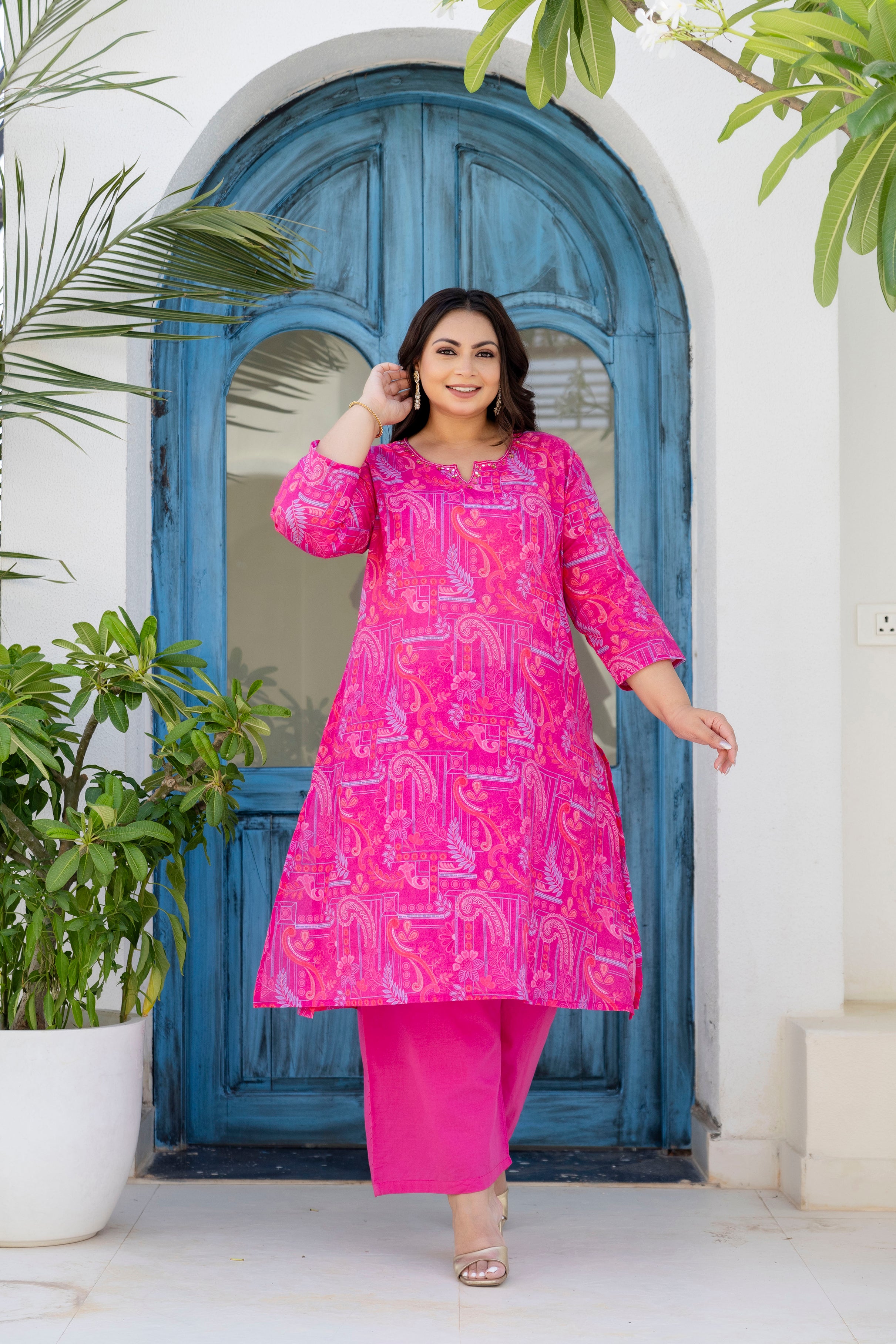 Magenta Blue Floral Kurta Palazzo Set