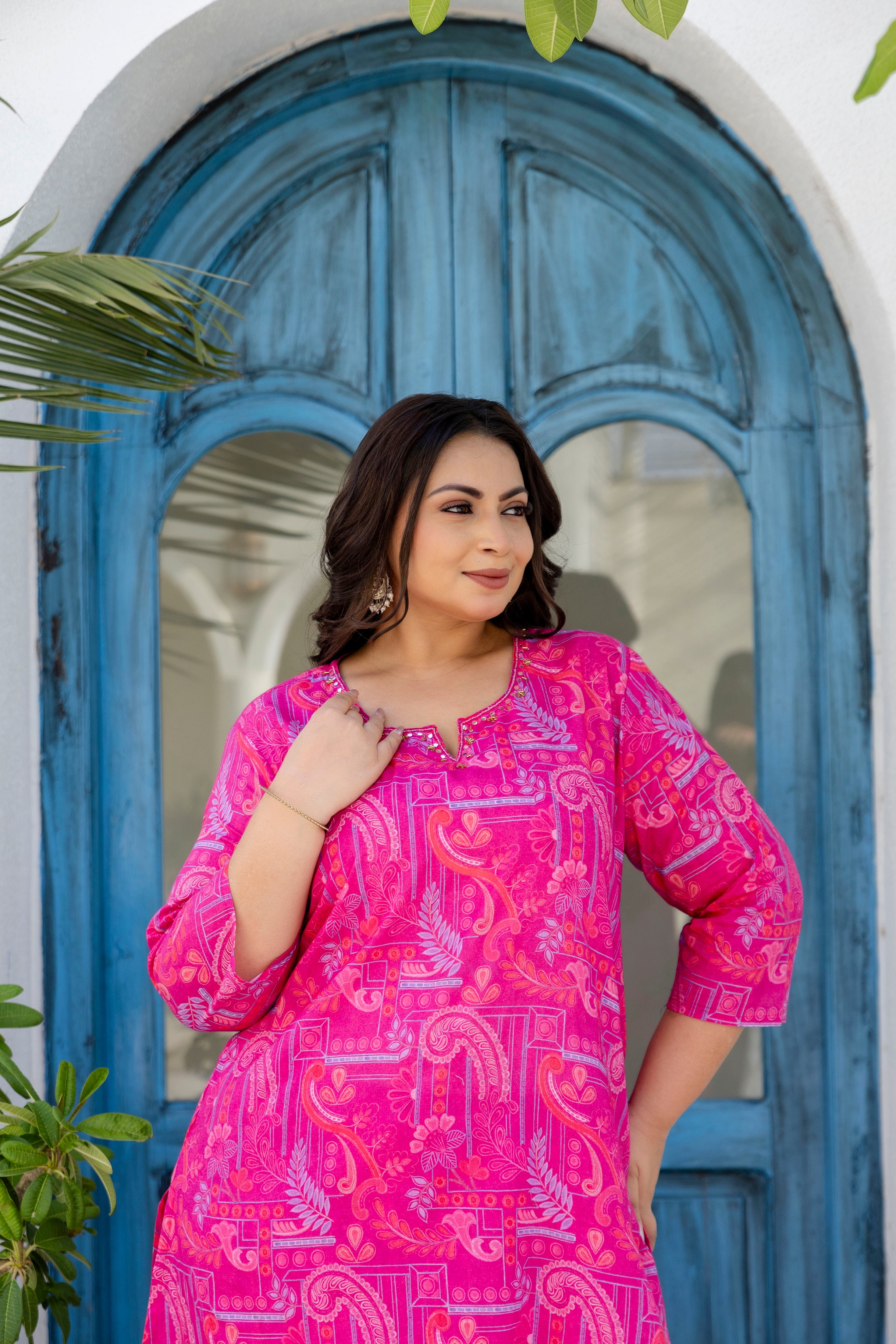 Magenta Blue Floral Kurta Palazzo Set