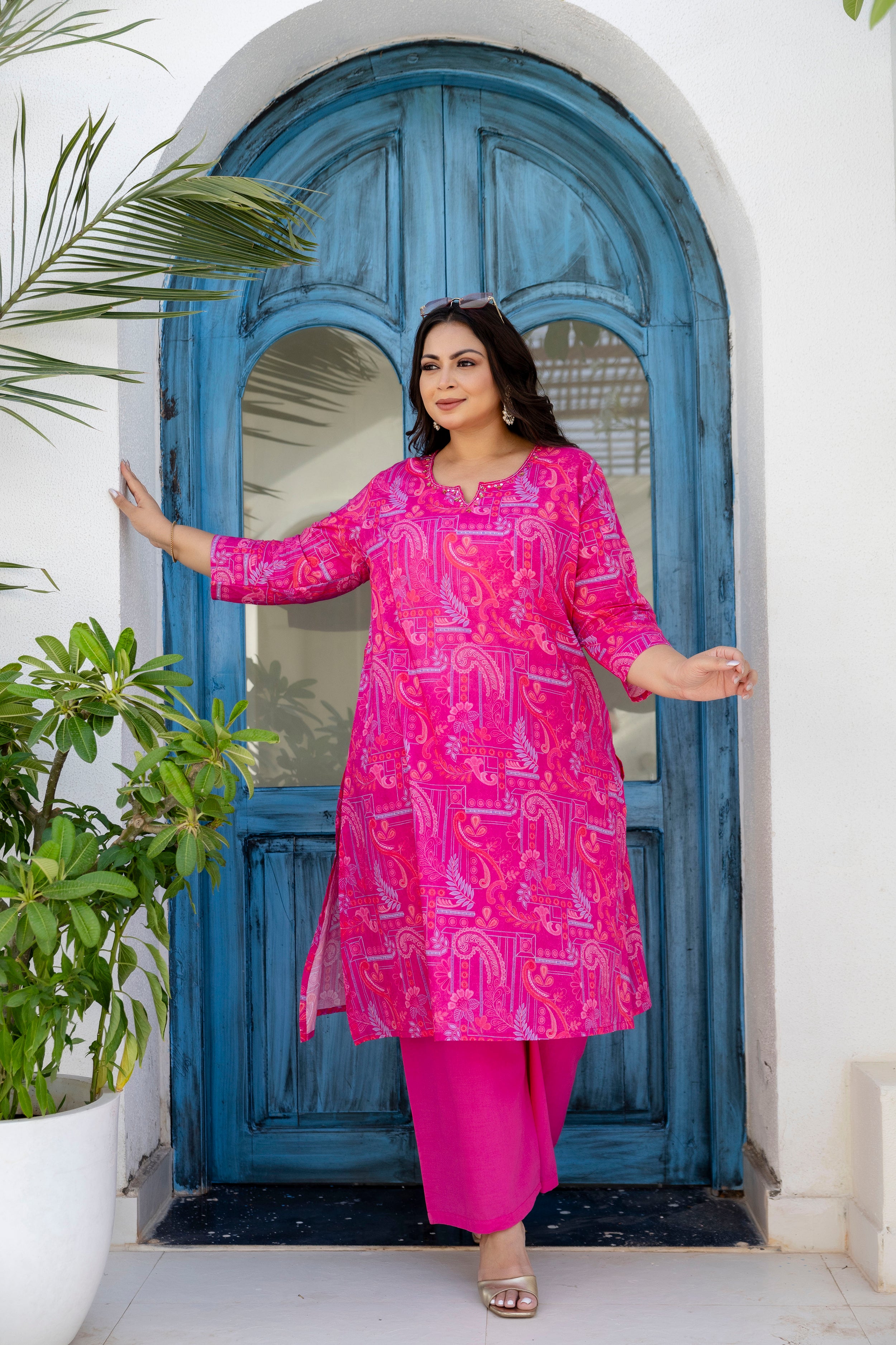 Magenta Blue Floral Kurta Palazzo Set