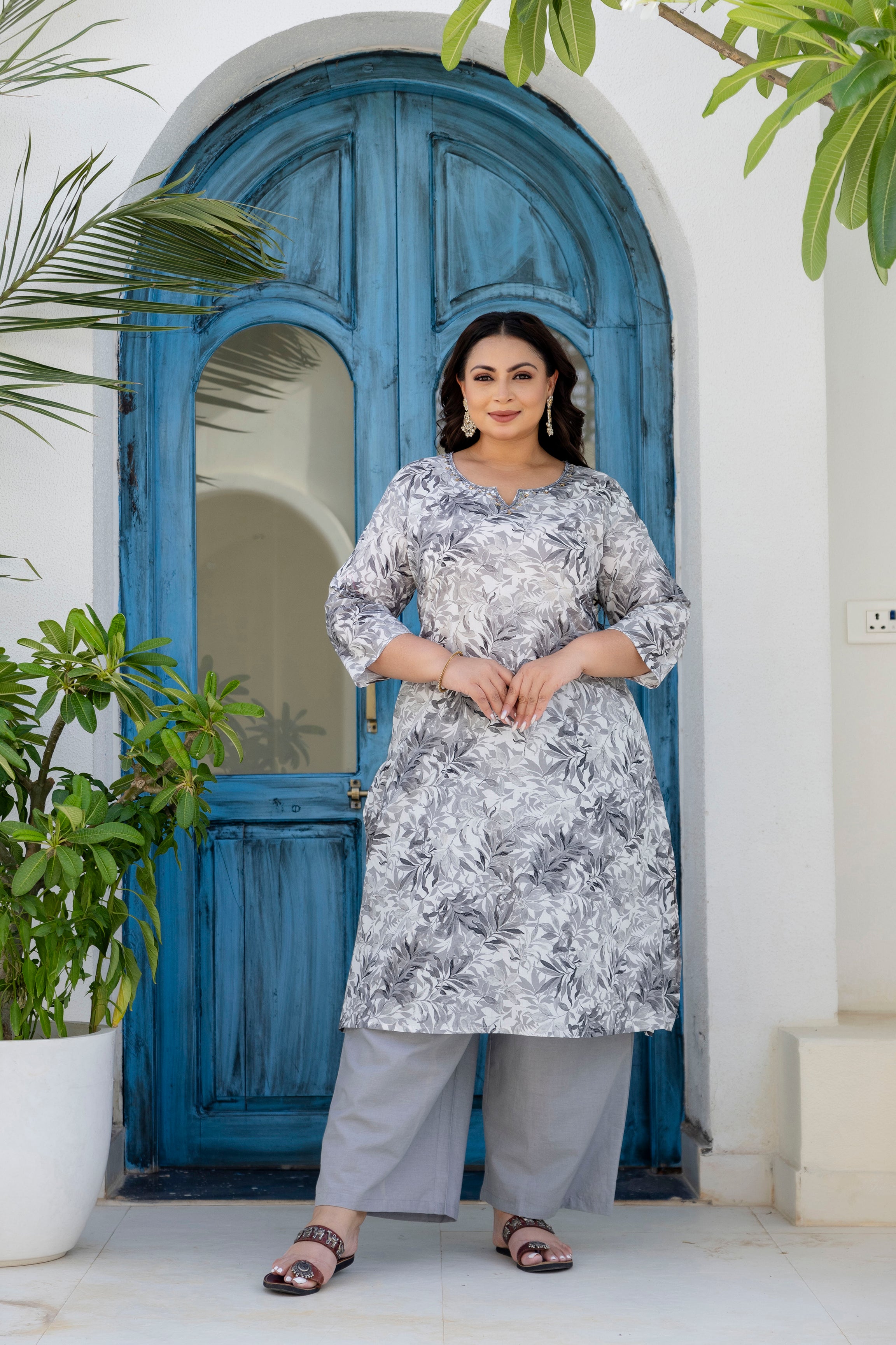 Grey Floral Kurta Palazzo Set