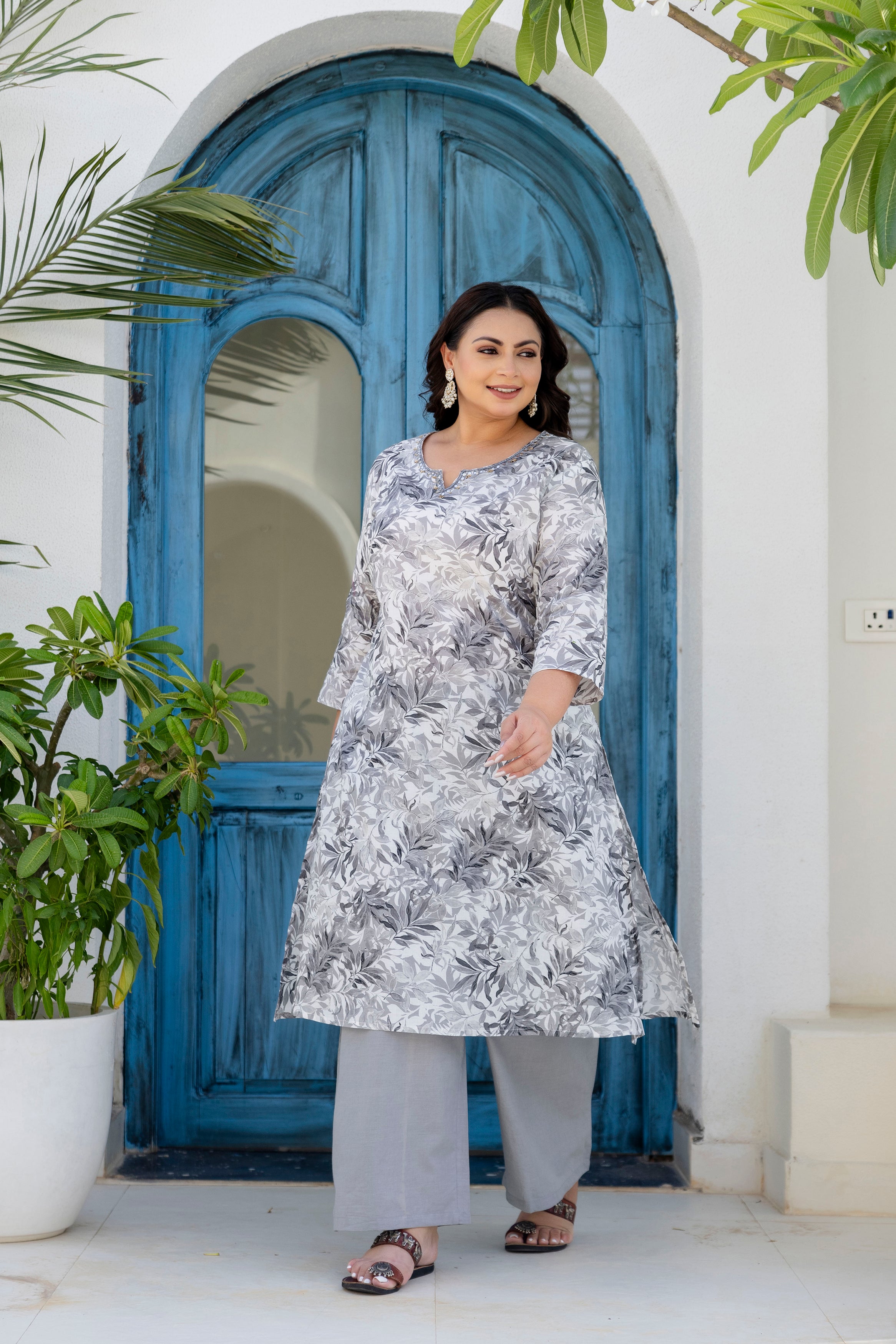 Grey Floral Kurta Palazzo Set