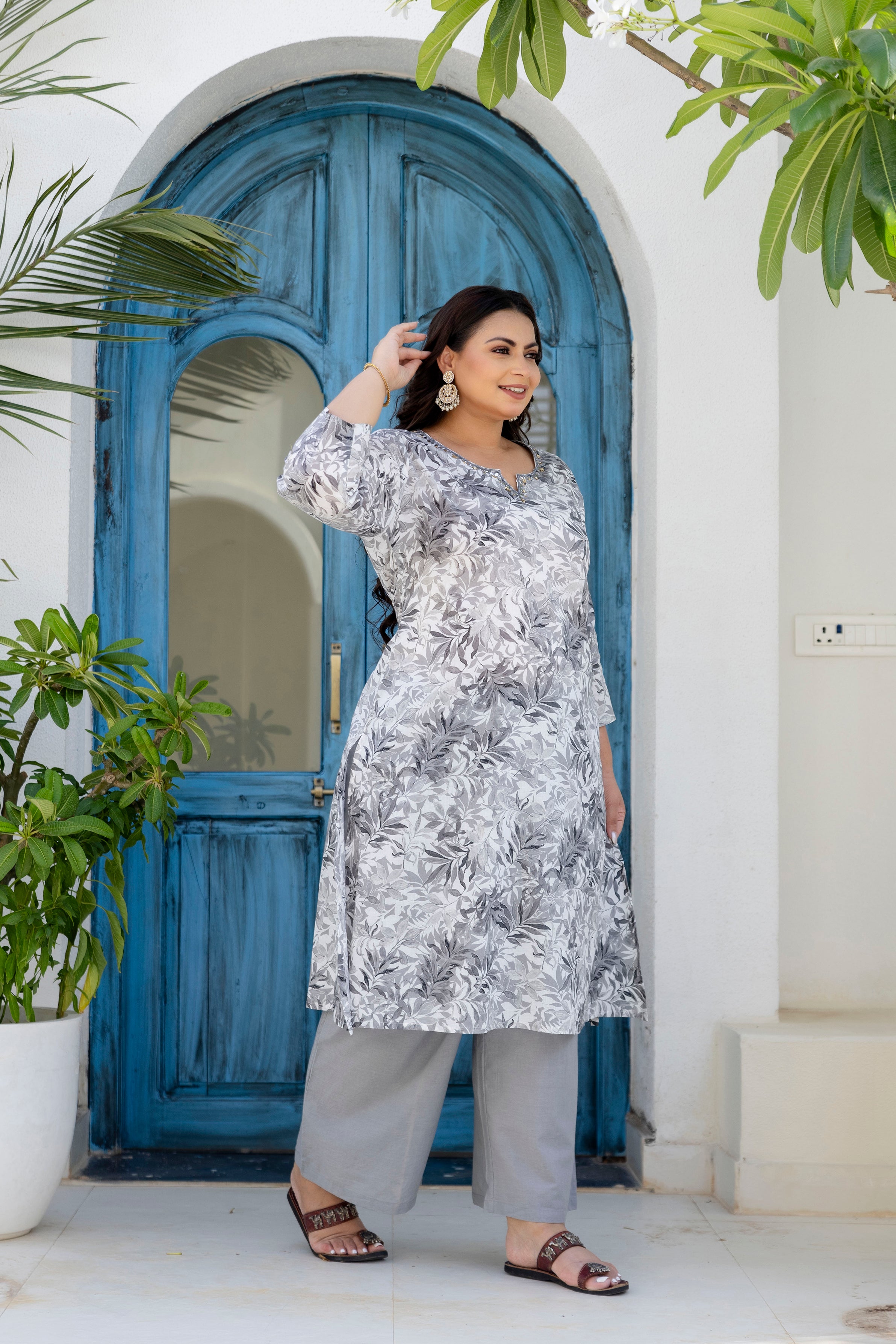 Grey Floral Kurta Palazzo Set