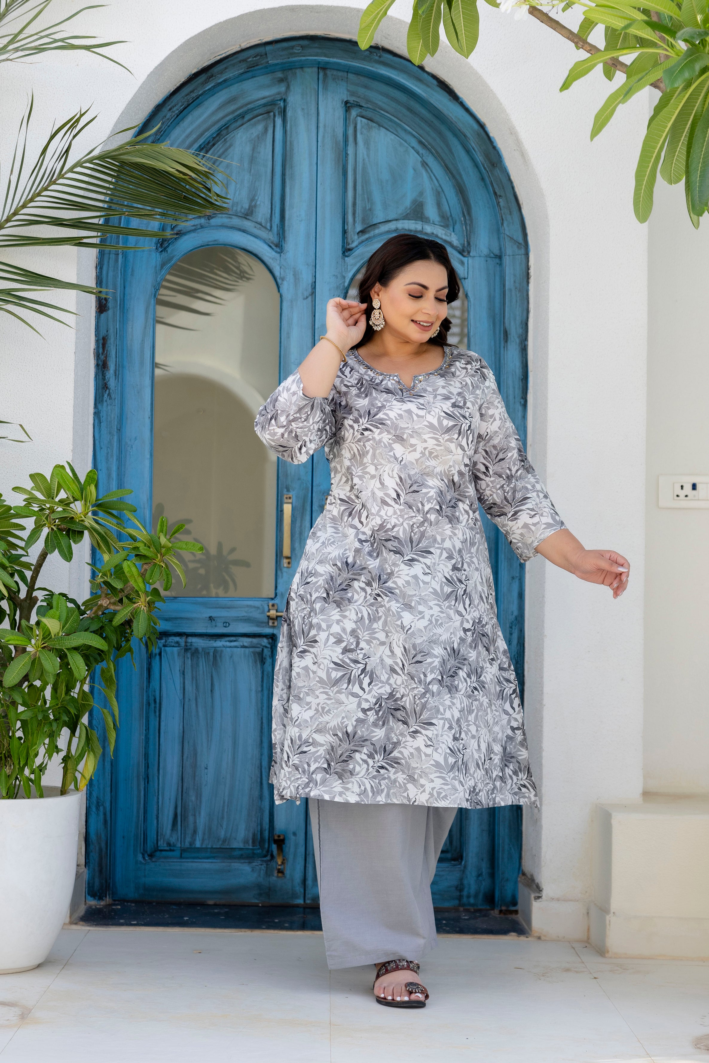 Grey Floral Kurta Palazzo Set