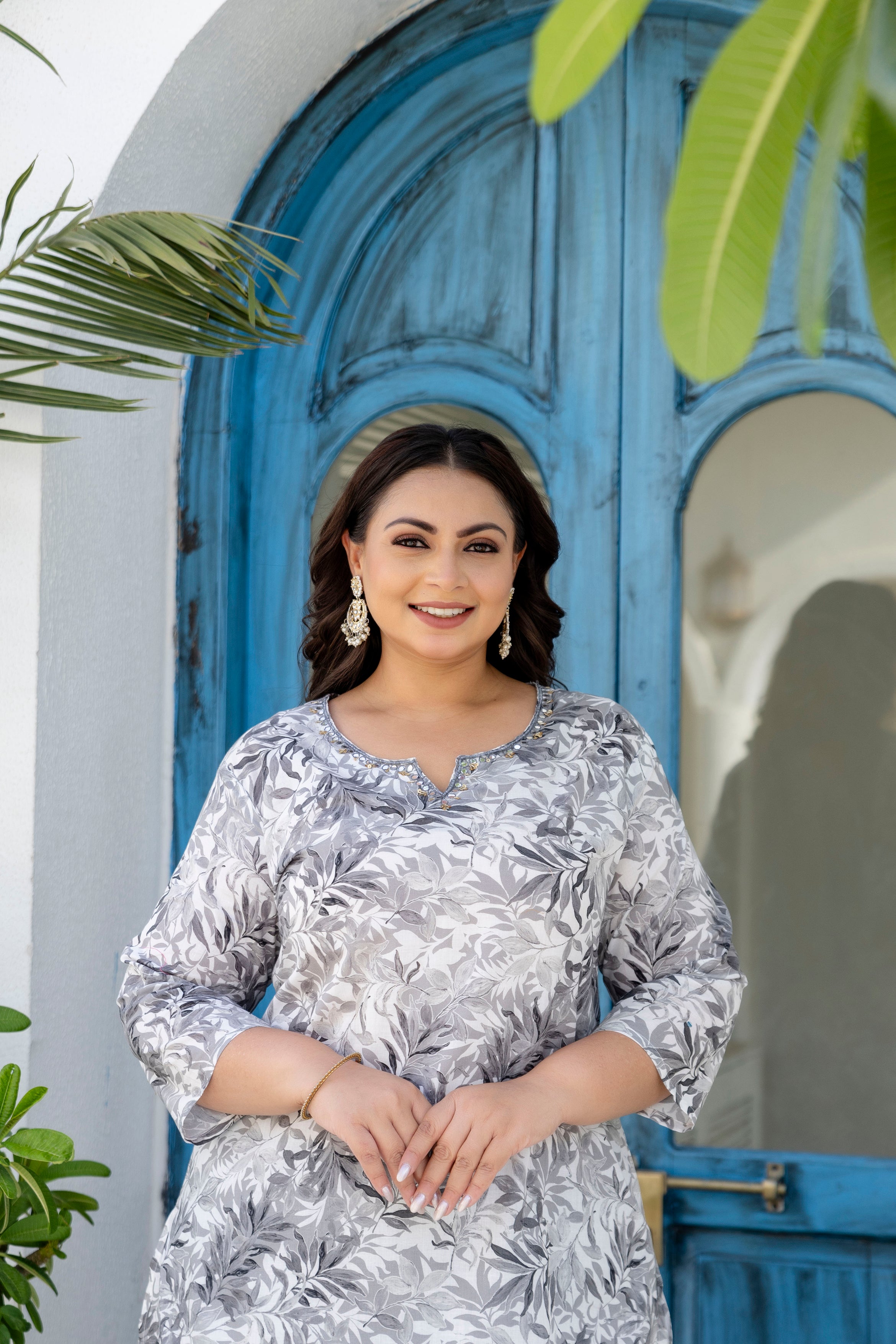 Grey Floral Kurta Palazzo Set