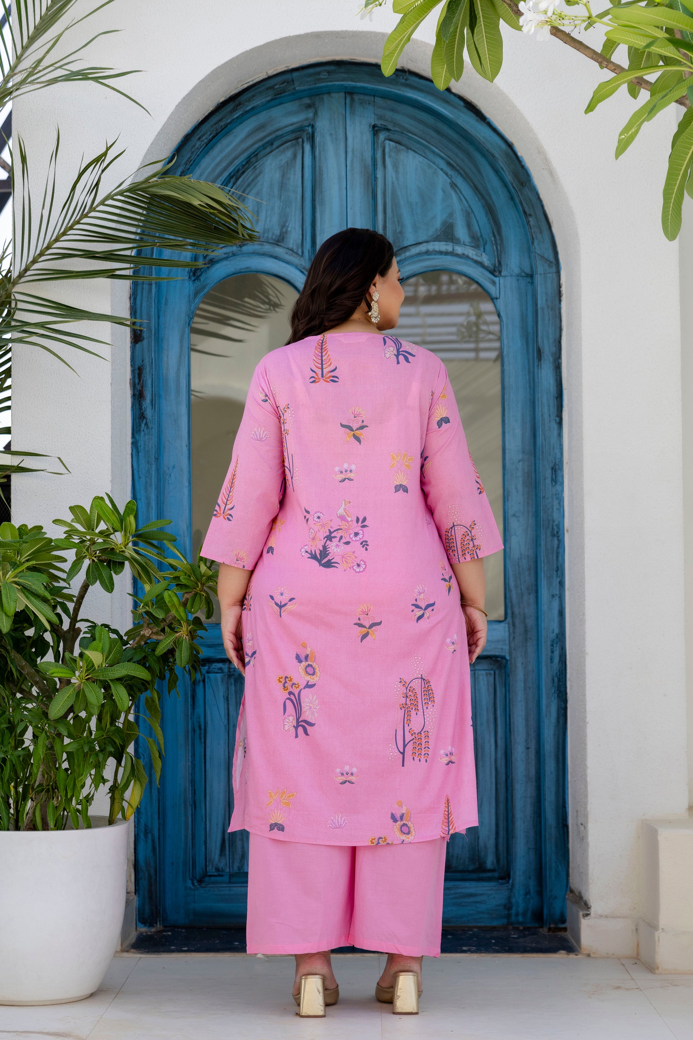 Mauve Blue Floral Kurta Palazzo Set