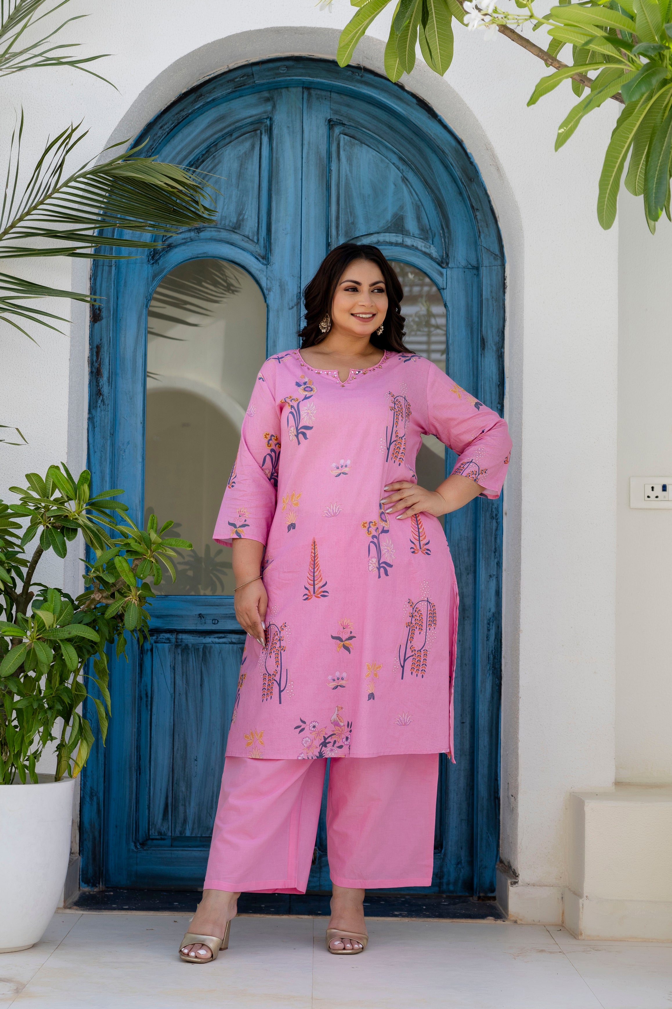 Mauve Blue Floral Kurta Palazzo Set