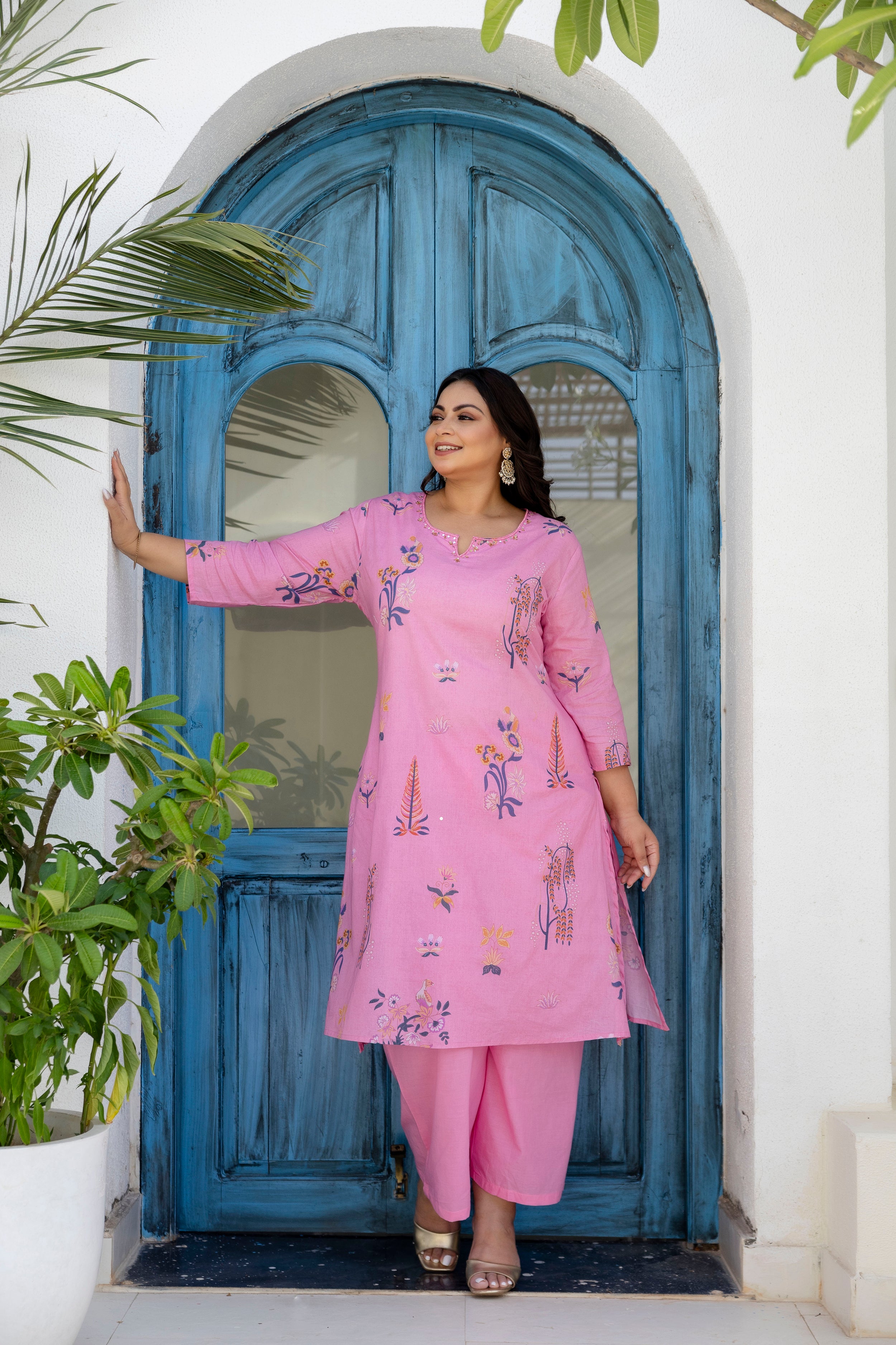 Mauve Blue Floral Kurta Palazzo Set