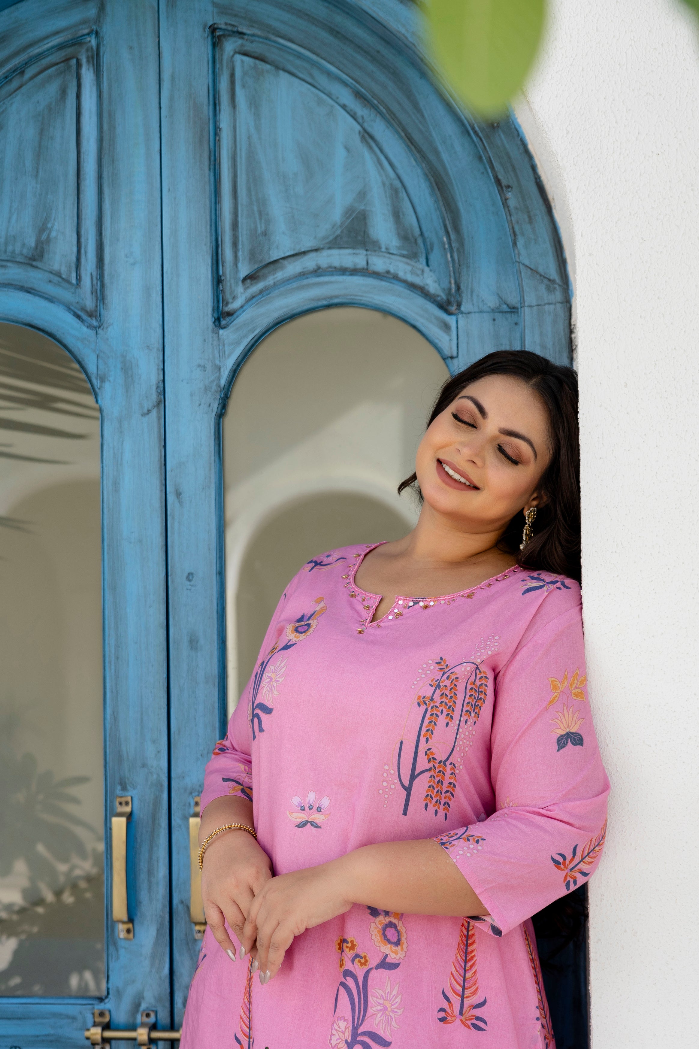 Mauve Blue Floral Kurta Palazzo Set