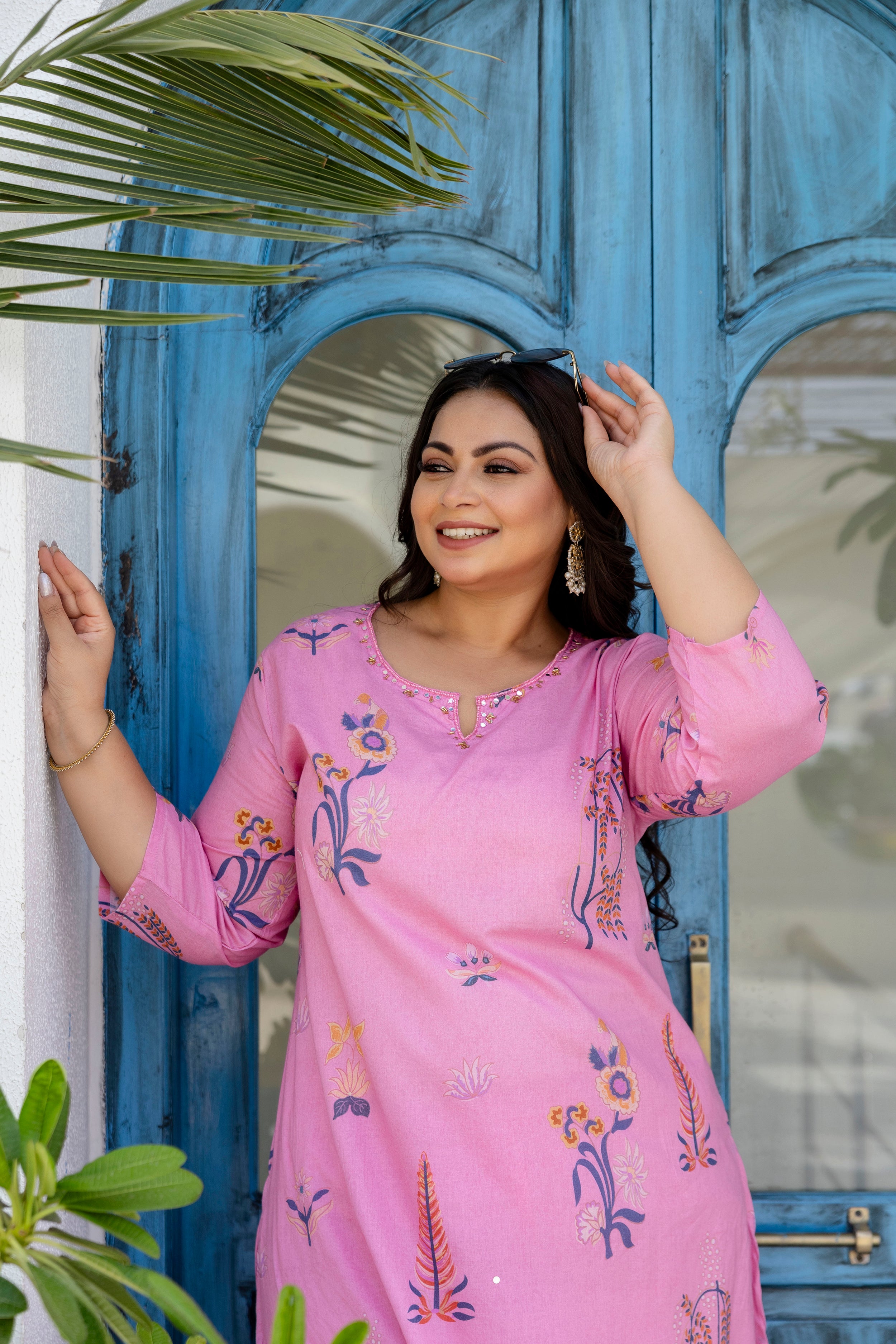 Mauve Blue Floral Kurta Palazzo Set