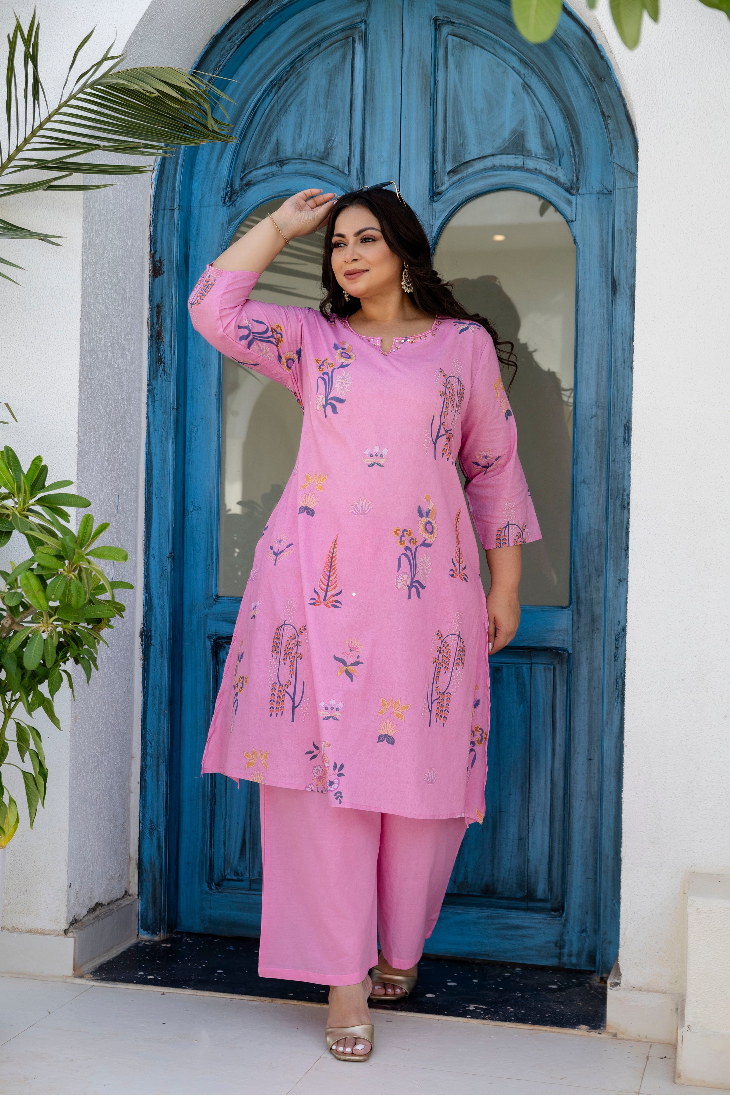 Mauve Blue Floral Kurta Palazzo Set