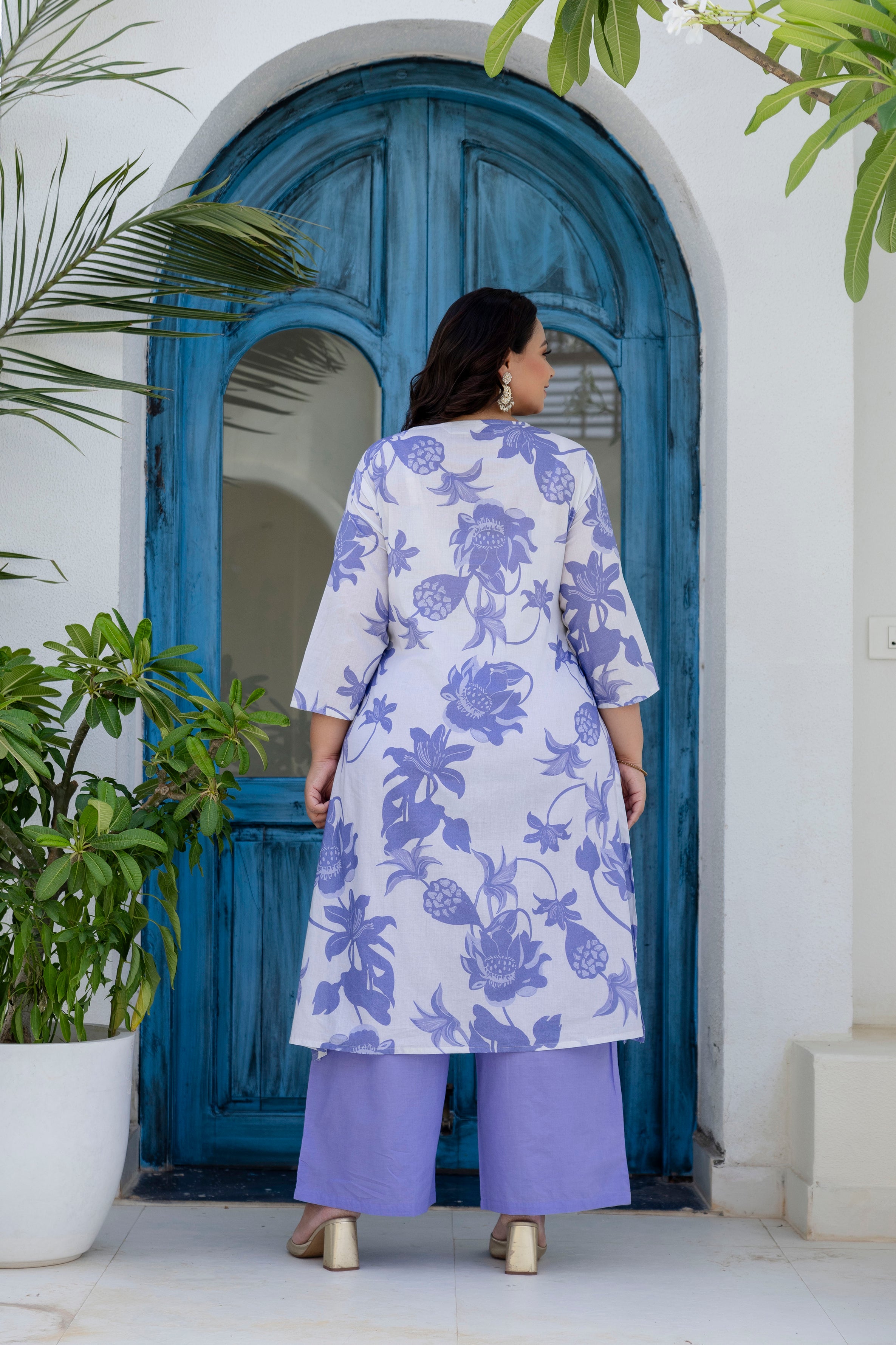 Lavender Blue Floral Kurta Palazzo Set