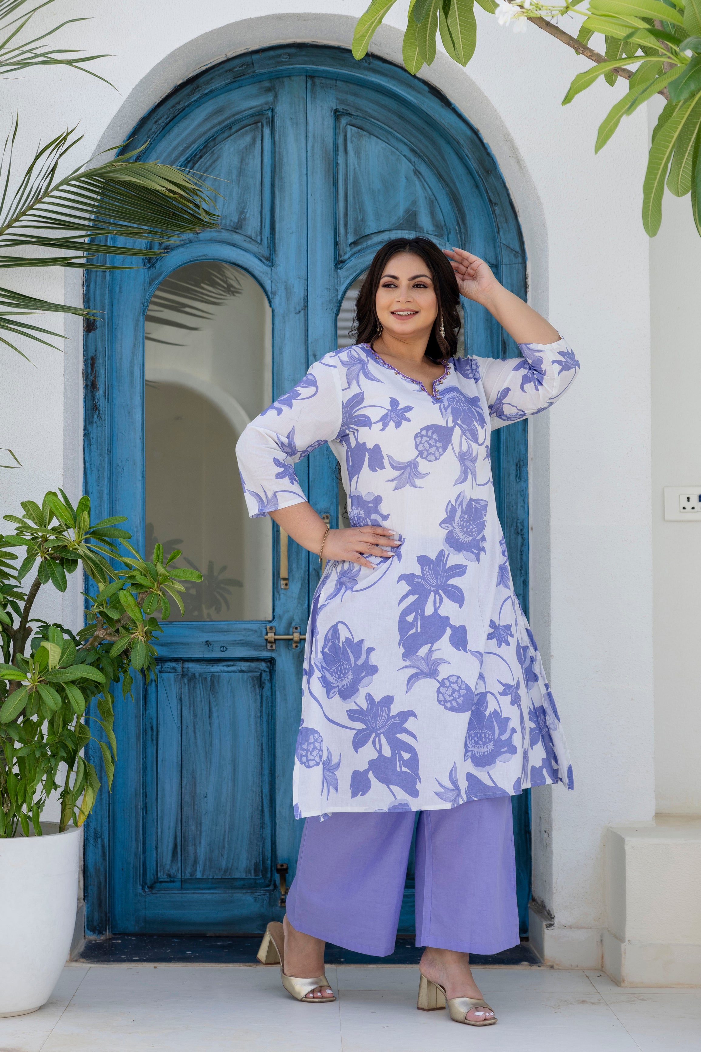 Lavender Blue Floral Kurta Palazzo Set
