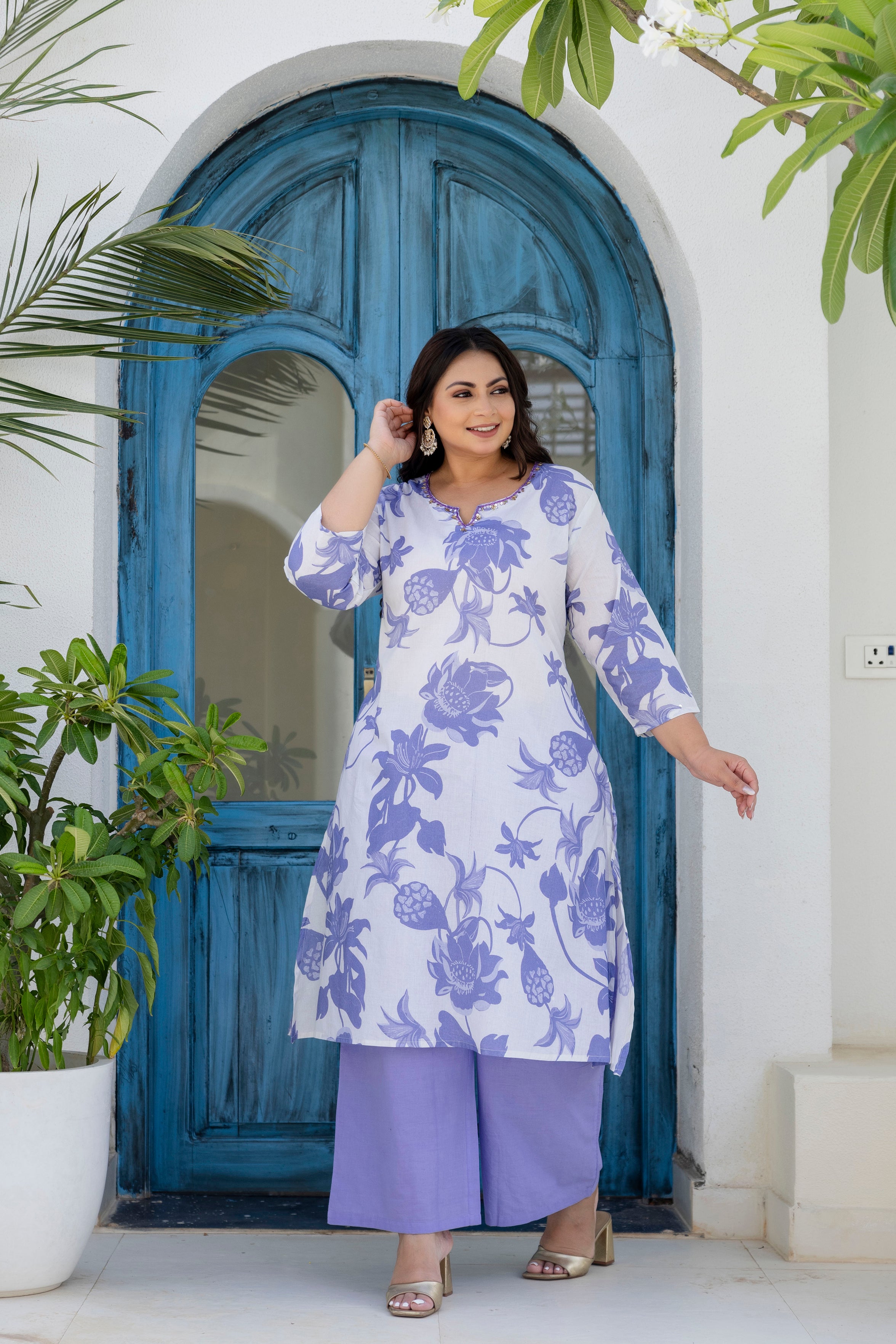Lavender Blue Floral Kurta Palazzo Set