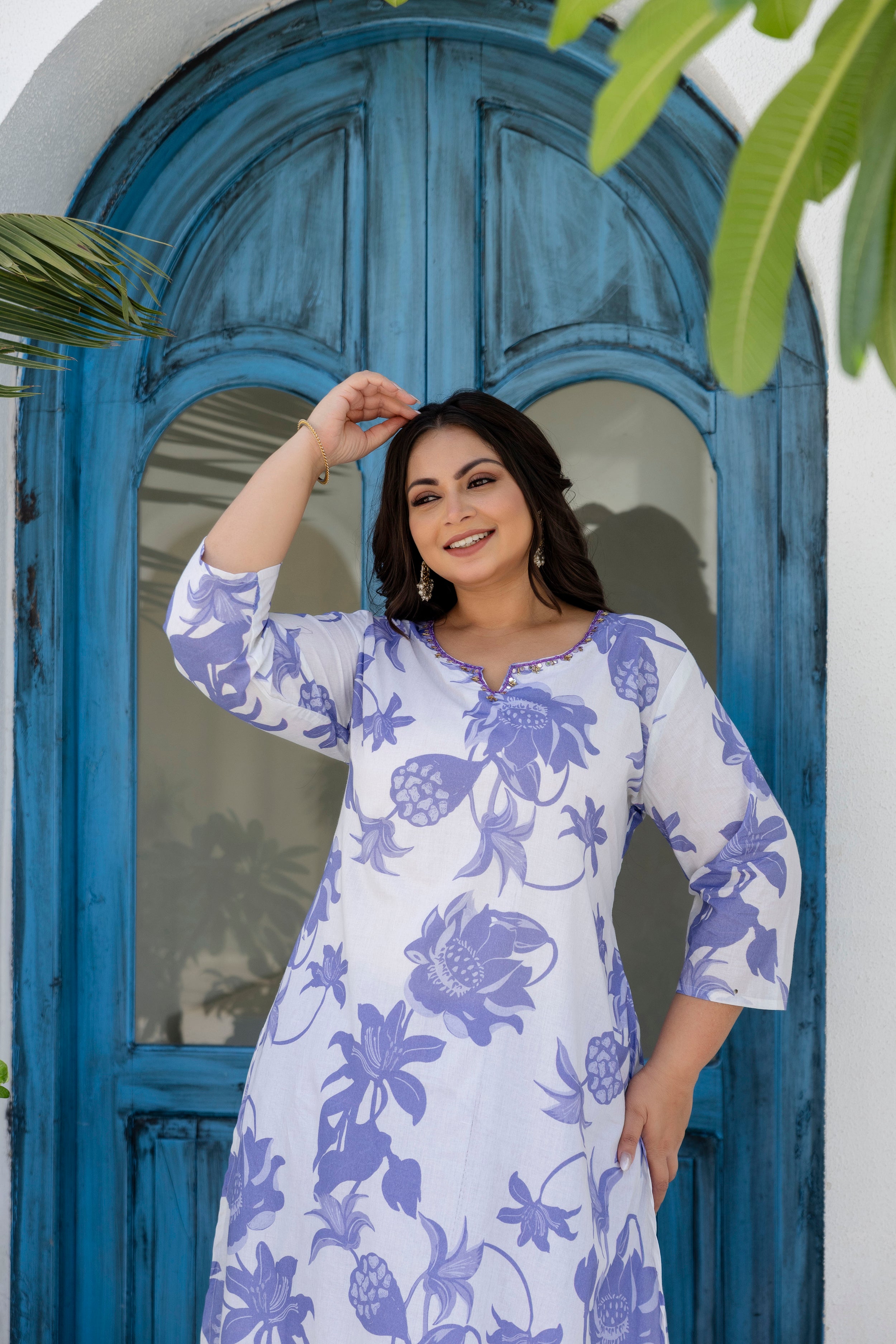 Lavender Blue Floral Kurta Palazzo Set