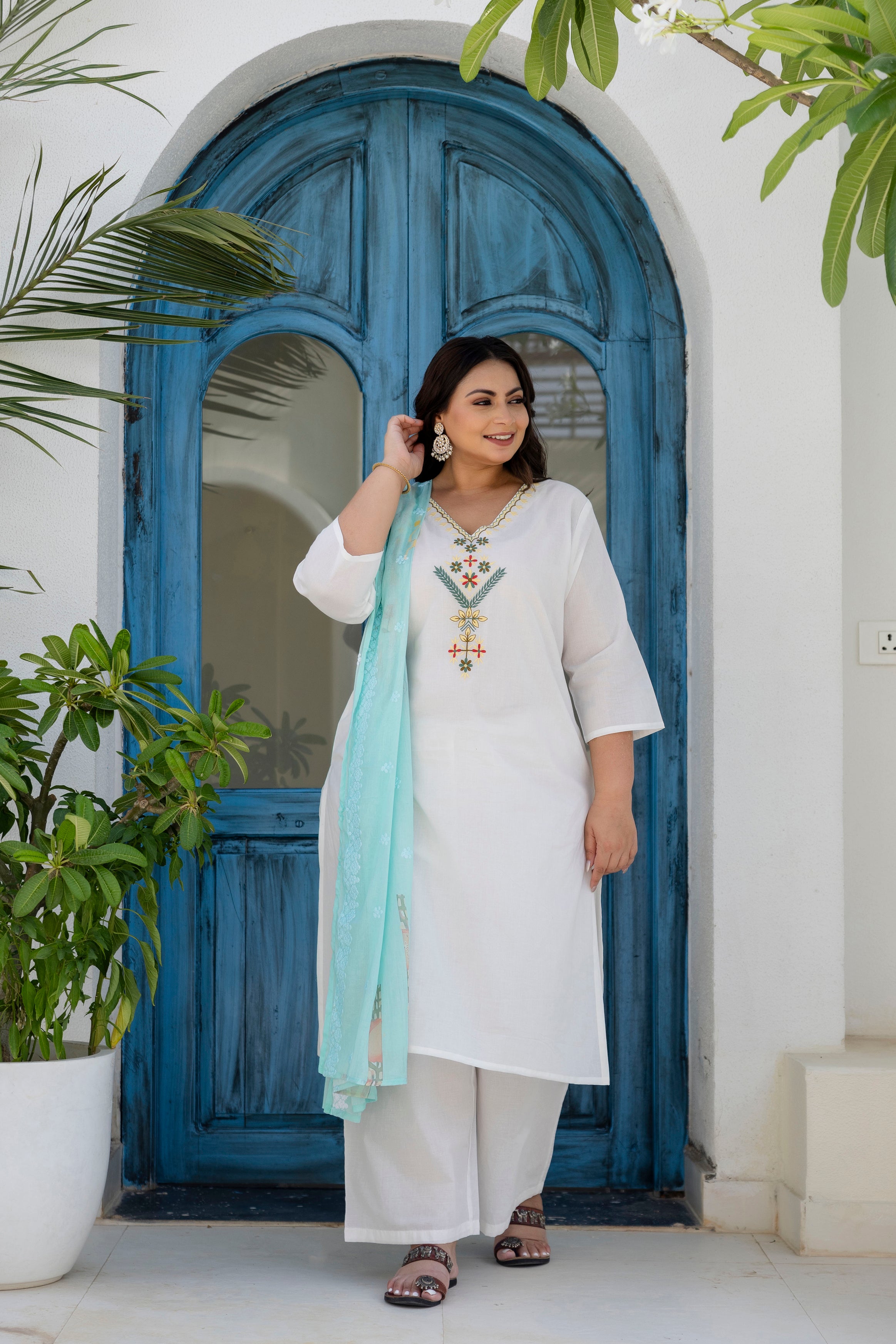 Denim Blue Floral Kurta Set with Dupatta