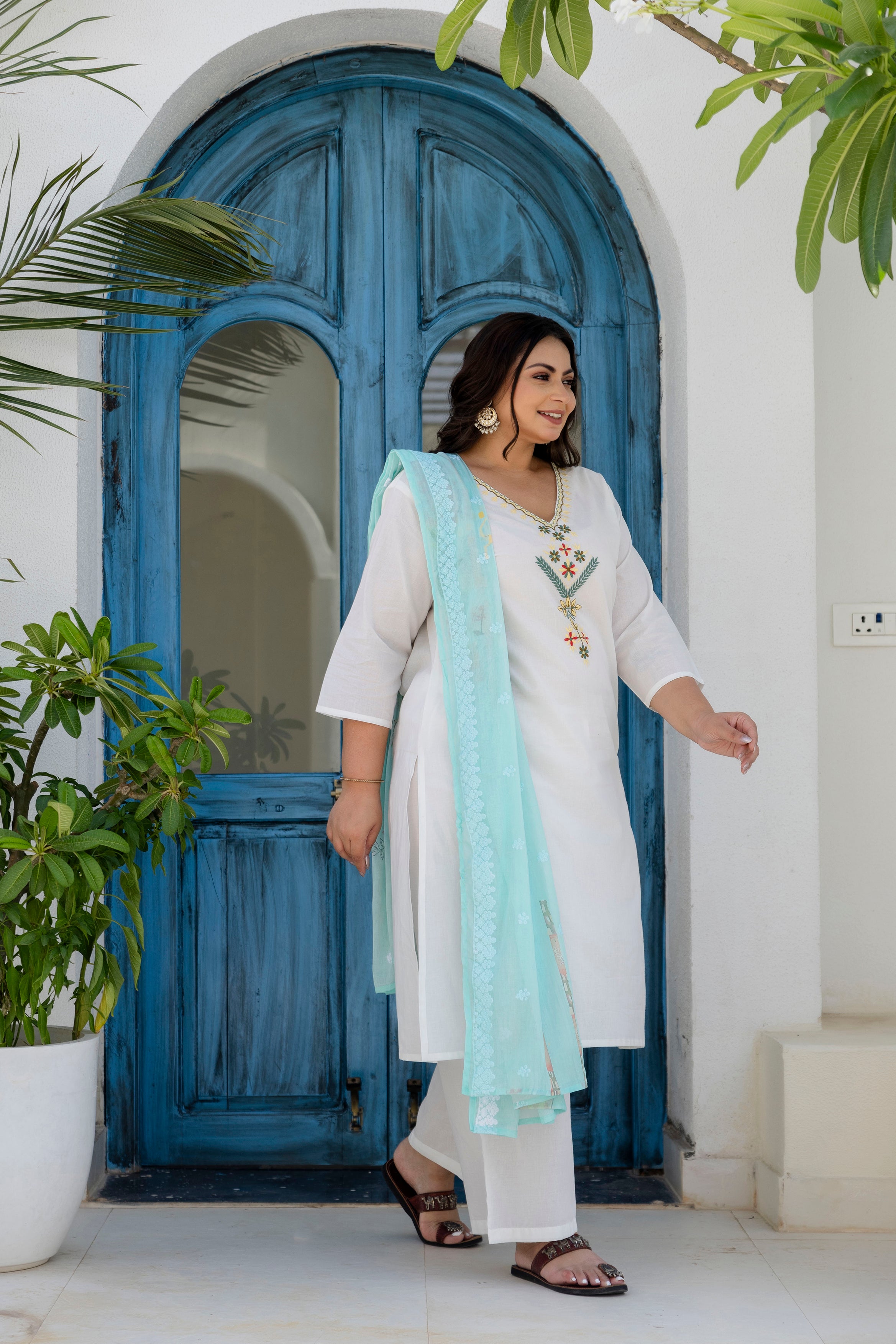 Denim Blue Floral Kurta Set with Dupatta