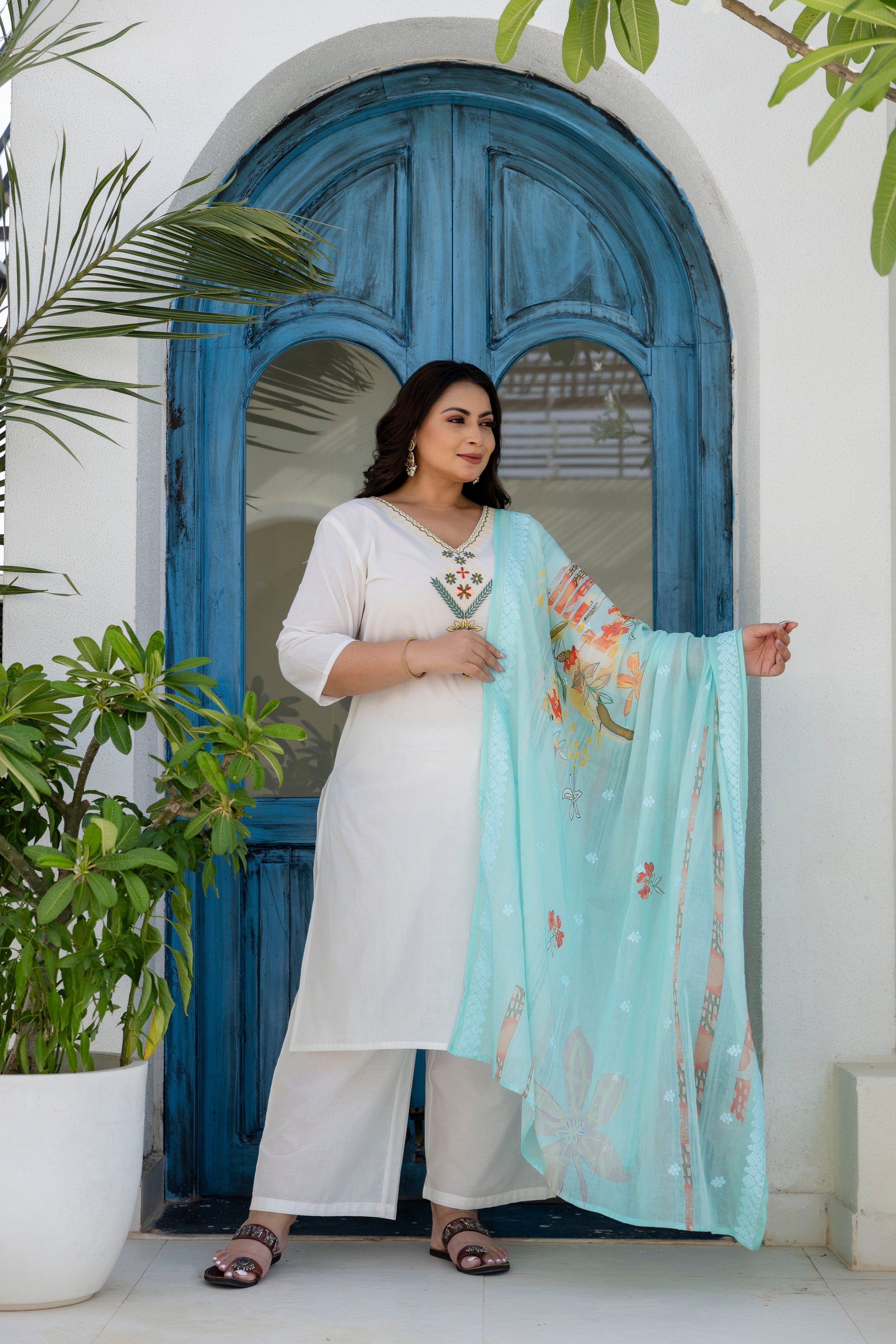 Denim Blue Floral Kurta Set with Dupatta