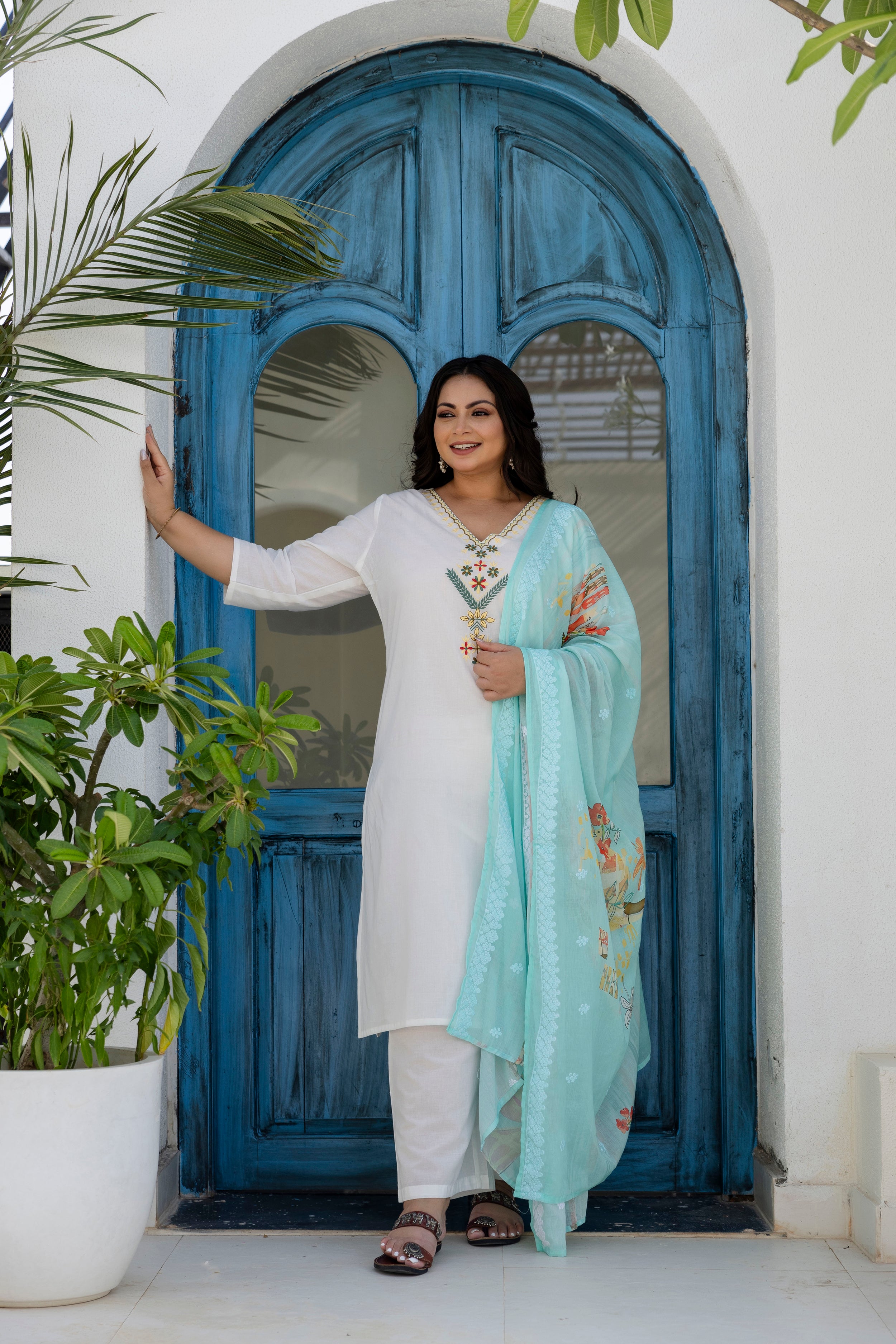 Denim Blue Floral Kurta Set with Dupatta