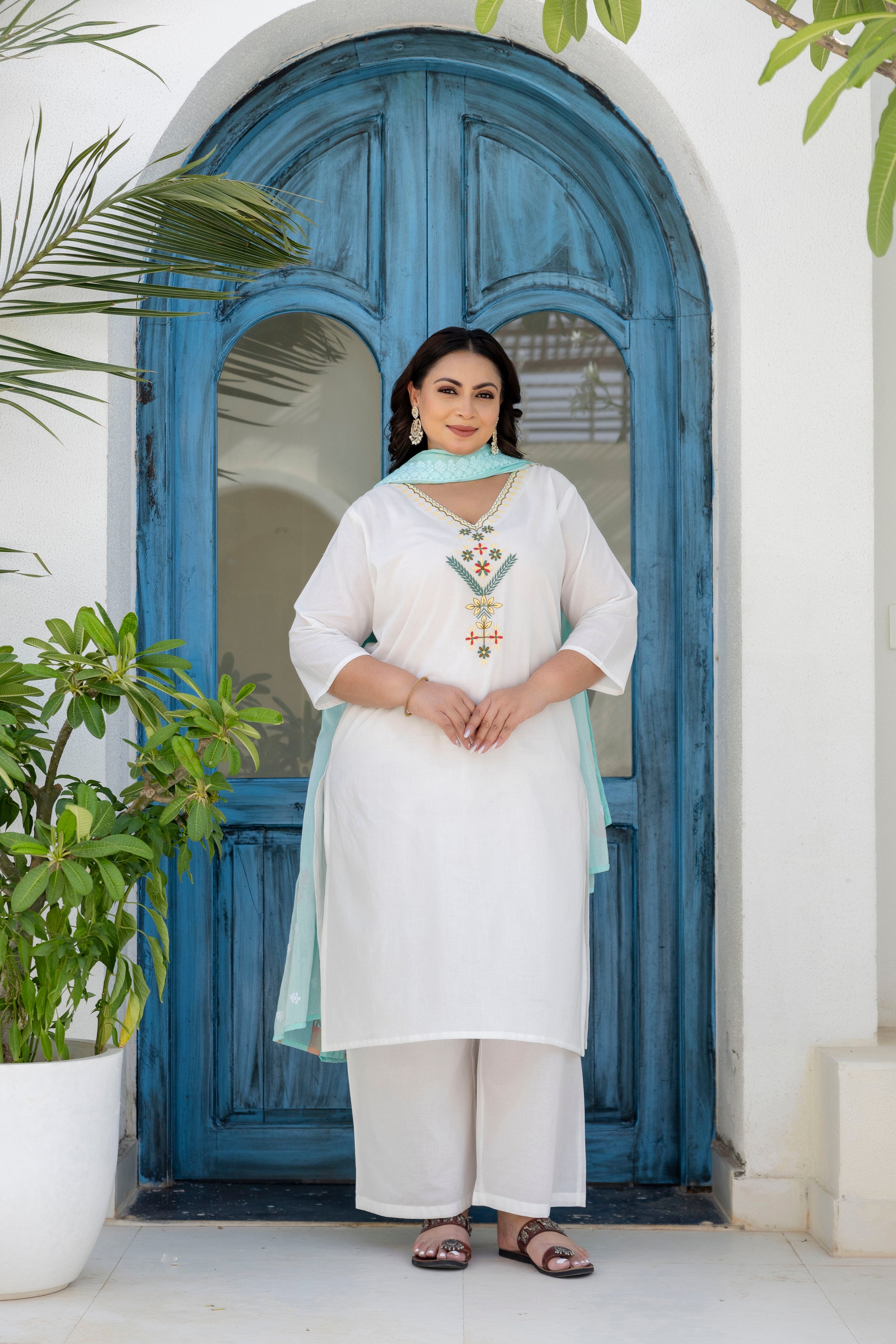 Denim Blue Floral Kurta Set with Dupatta