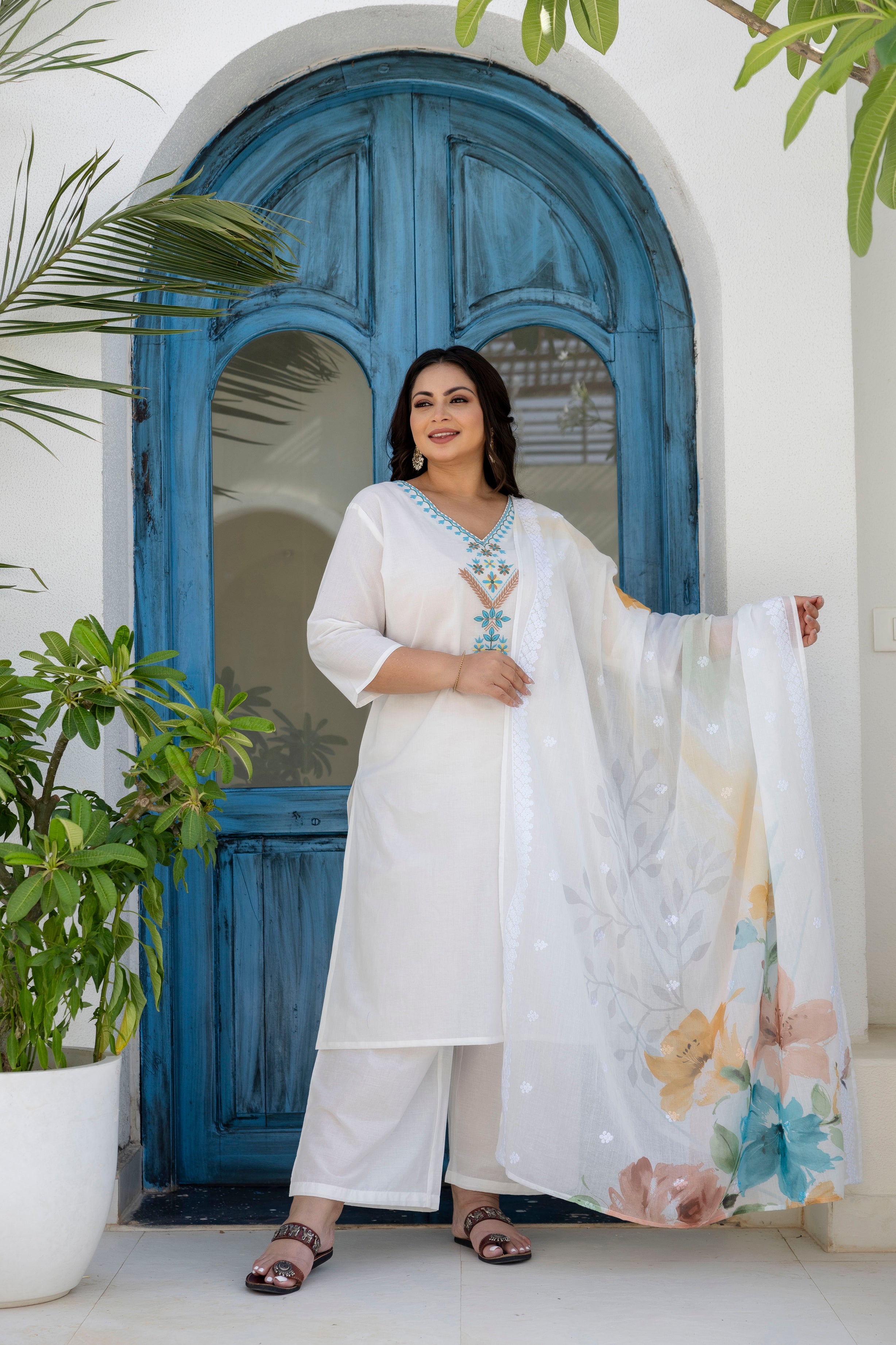 Steel Blue Floral Kurta Set with Dupatta