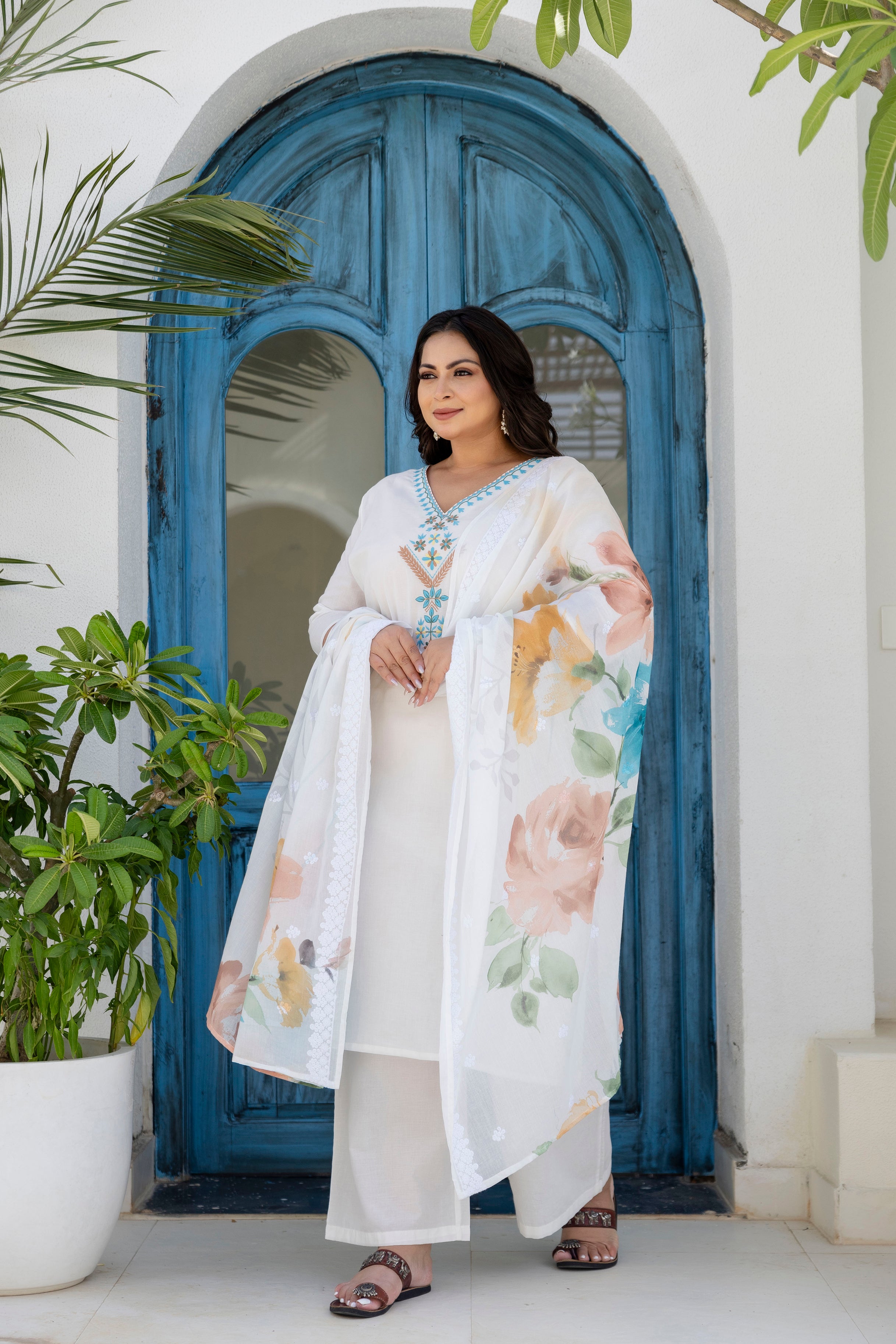 Steel Blue Floral Kurta Set with Dupatta