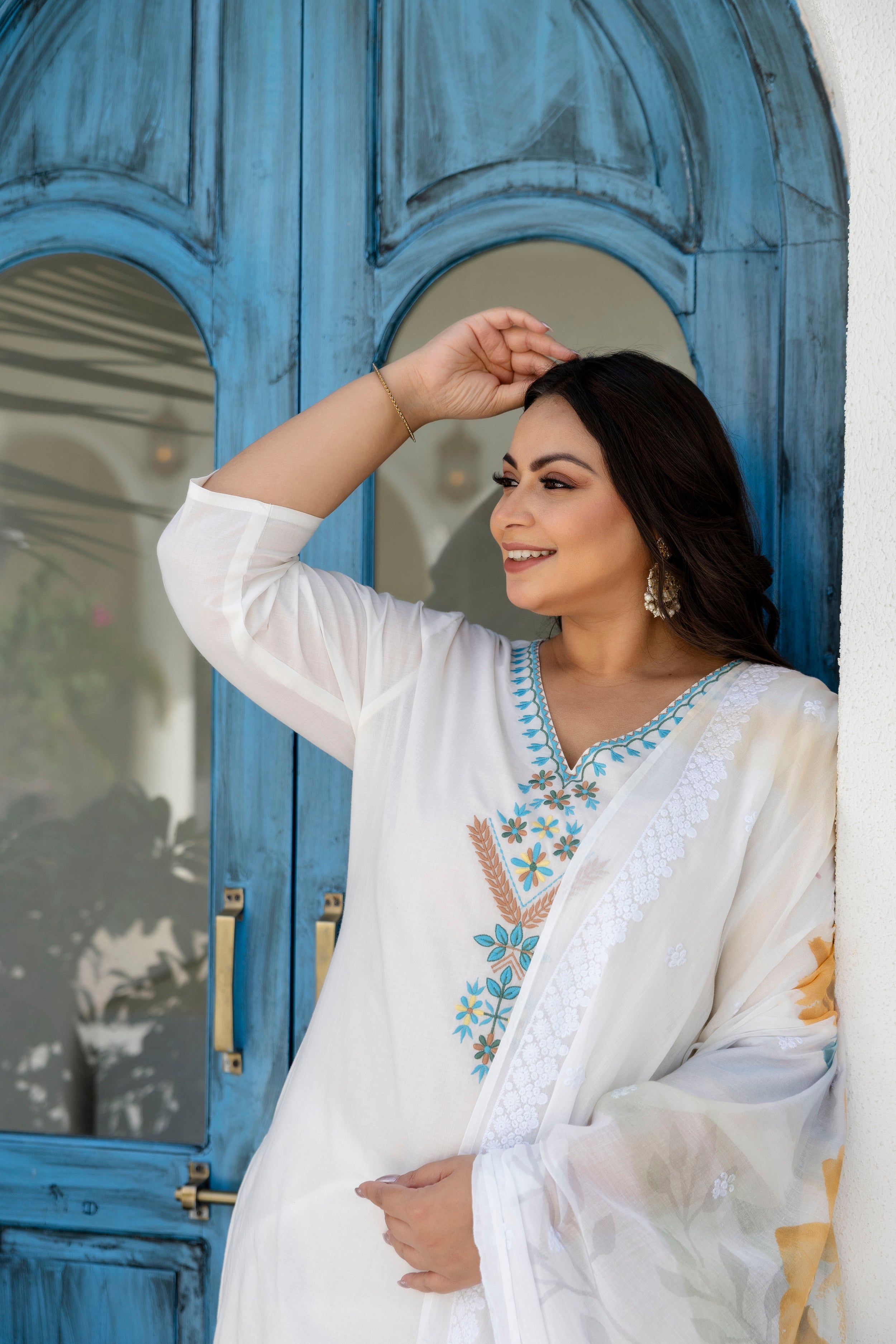 Steel Blue Floral Kurta Set with Dupatta