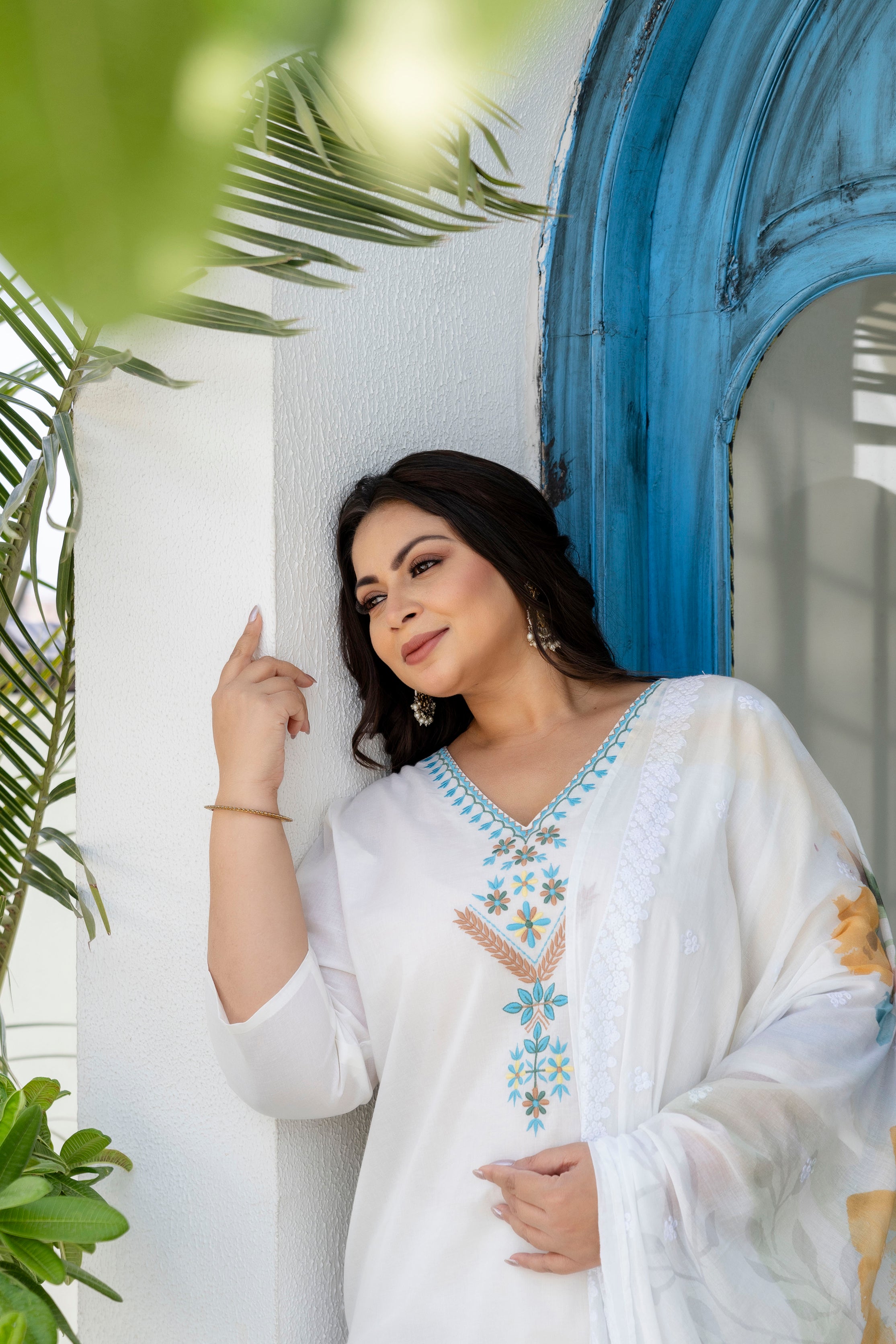 Steel Blue Floral Kurta Set with Dupatta