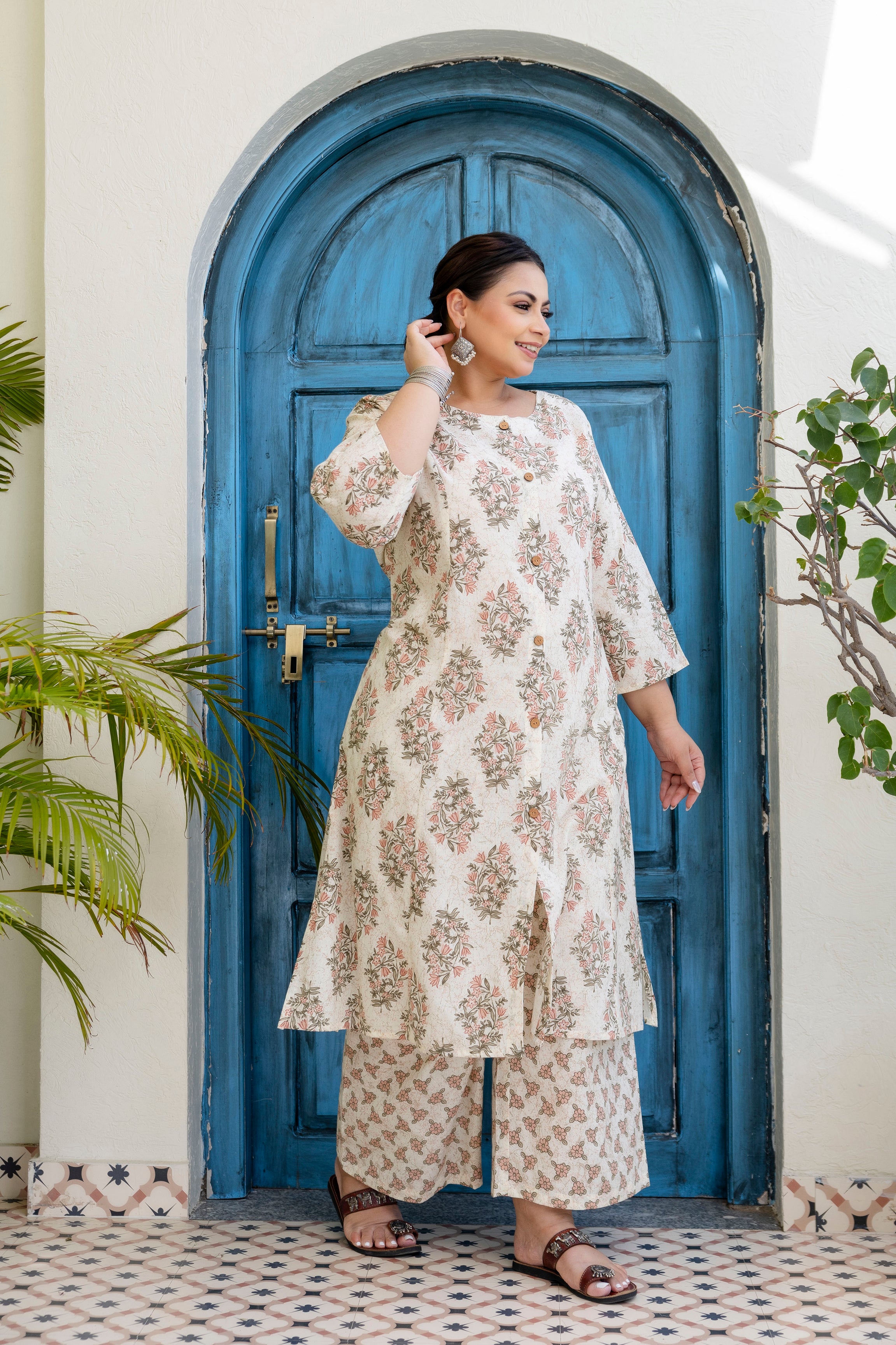 Dusty Blue Floral Kurta Palazzo Set