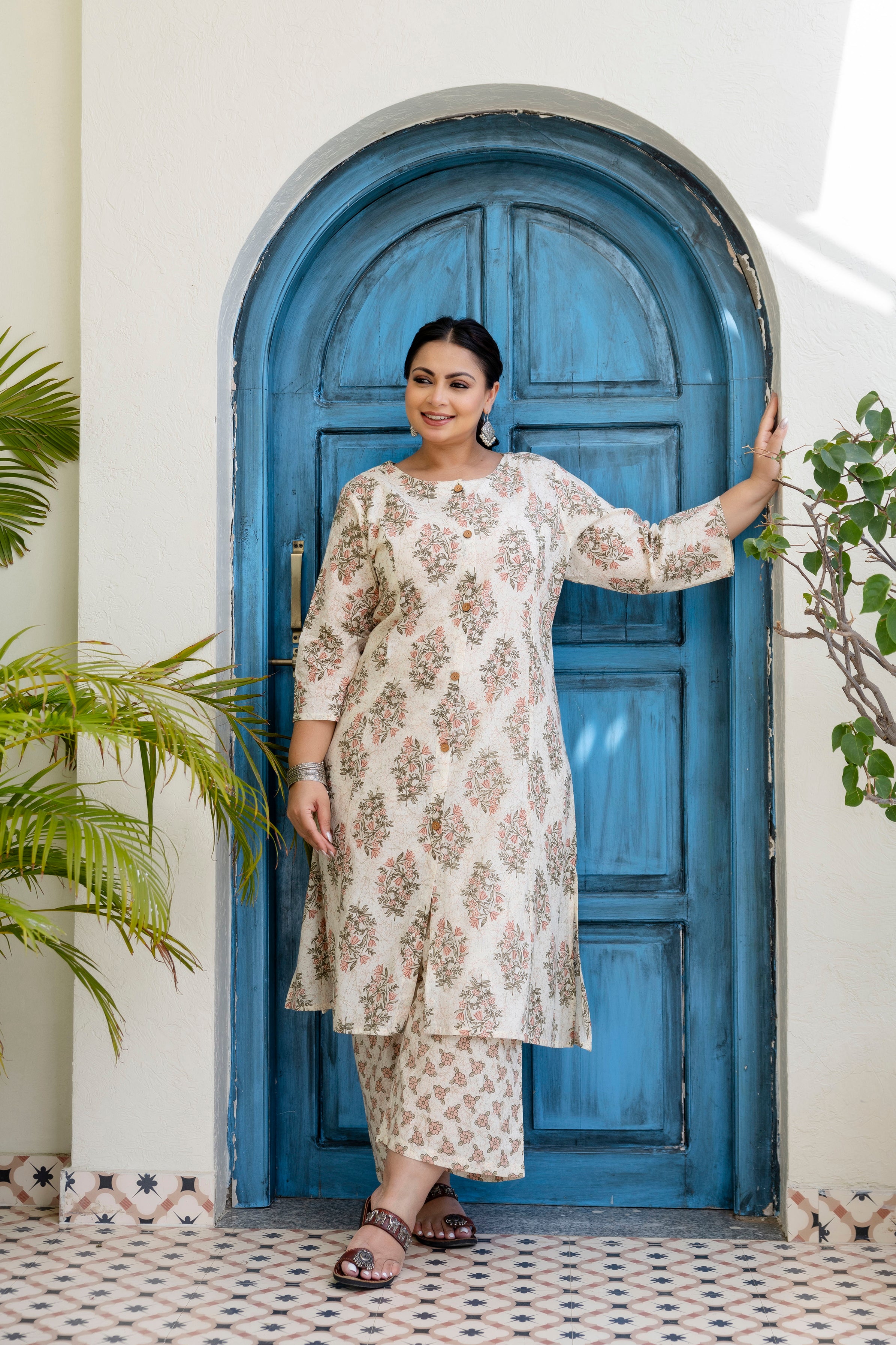 Dusty Blue Floral Kurta Palazzo Set