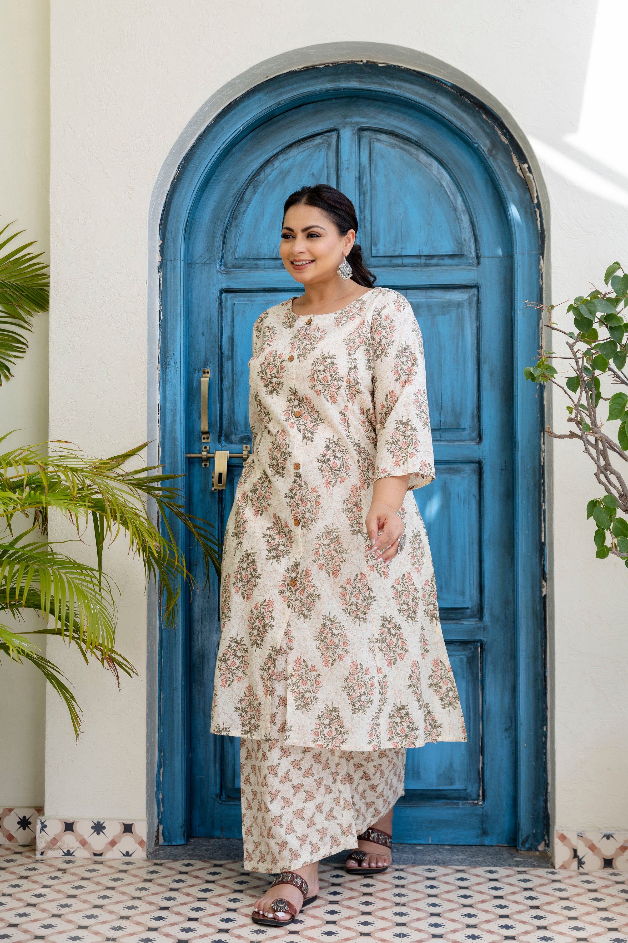 Dusty Blue Floral Kurta Palazzo Set