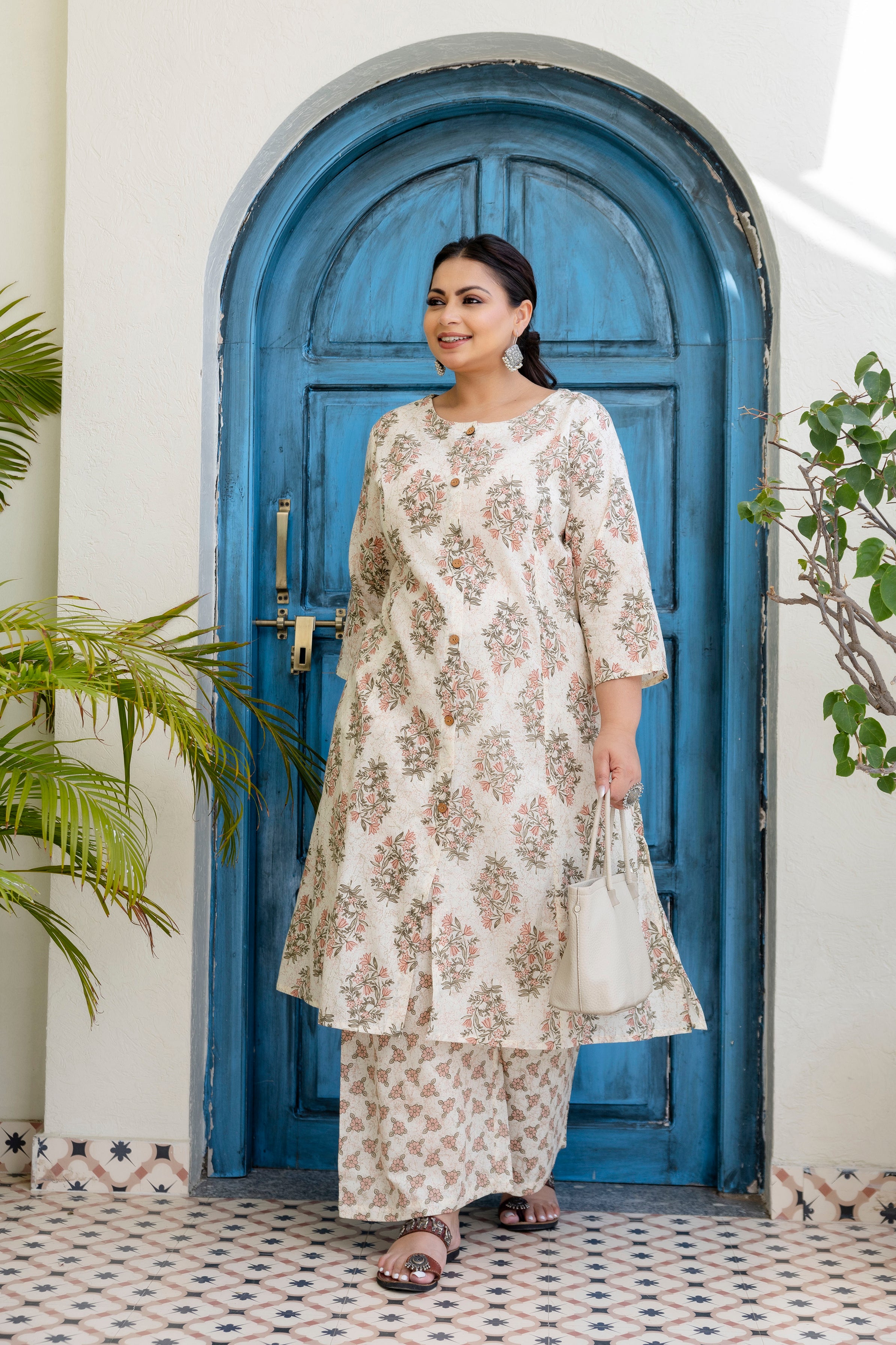 Dusty Blue Floral Kurta Palazzo Set