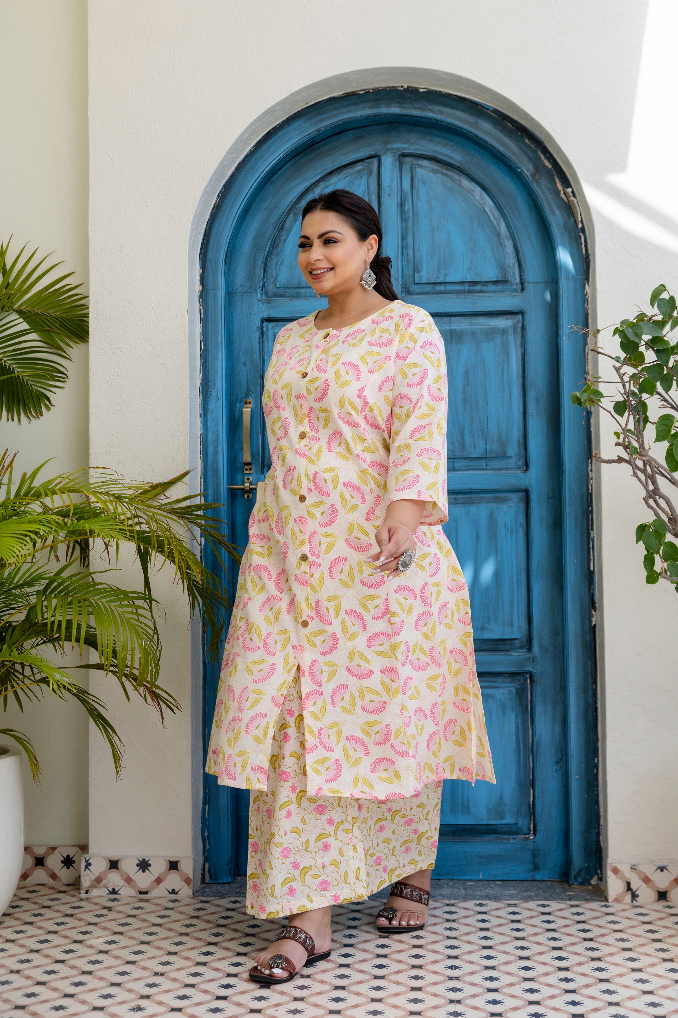 Blush Pink Floral Kurta Palazzo Set