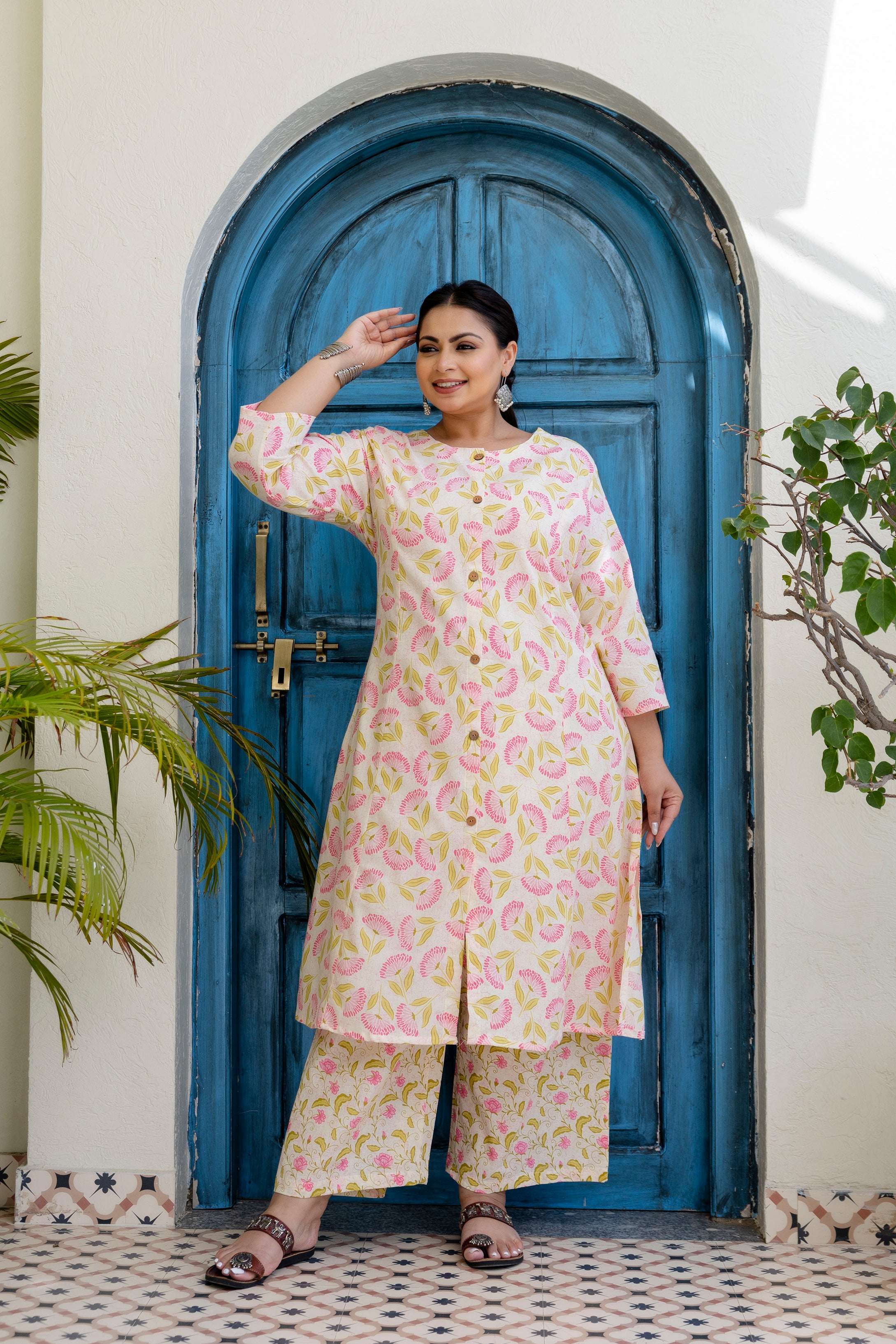 Blush Pink Floral Kurta Palazzo Set