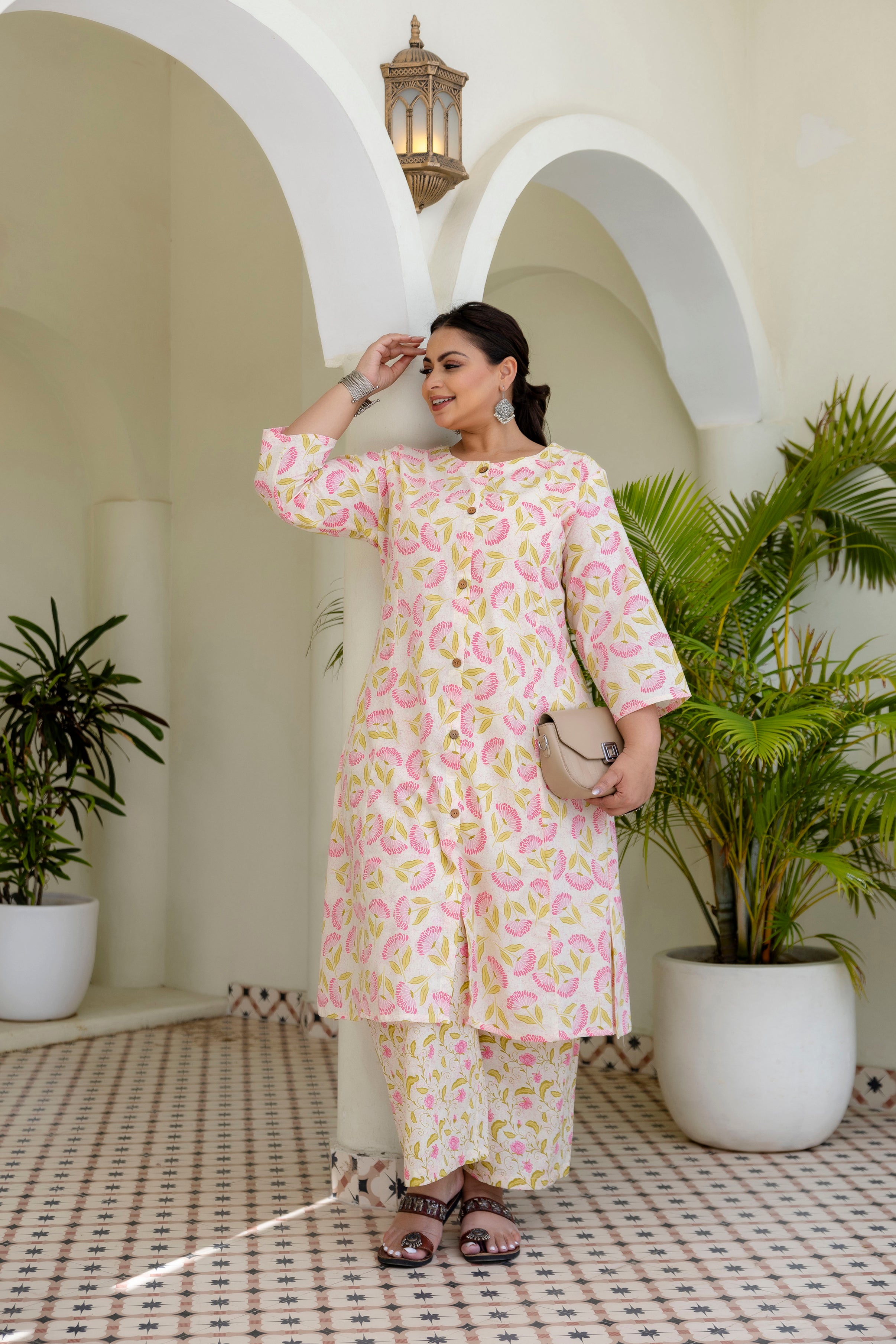 Blush Pink Floral Kurta Palazzo Set