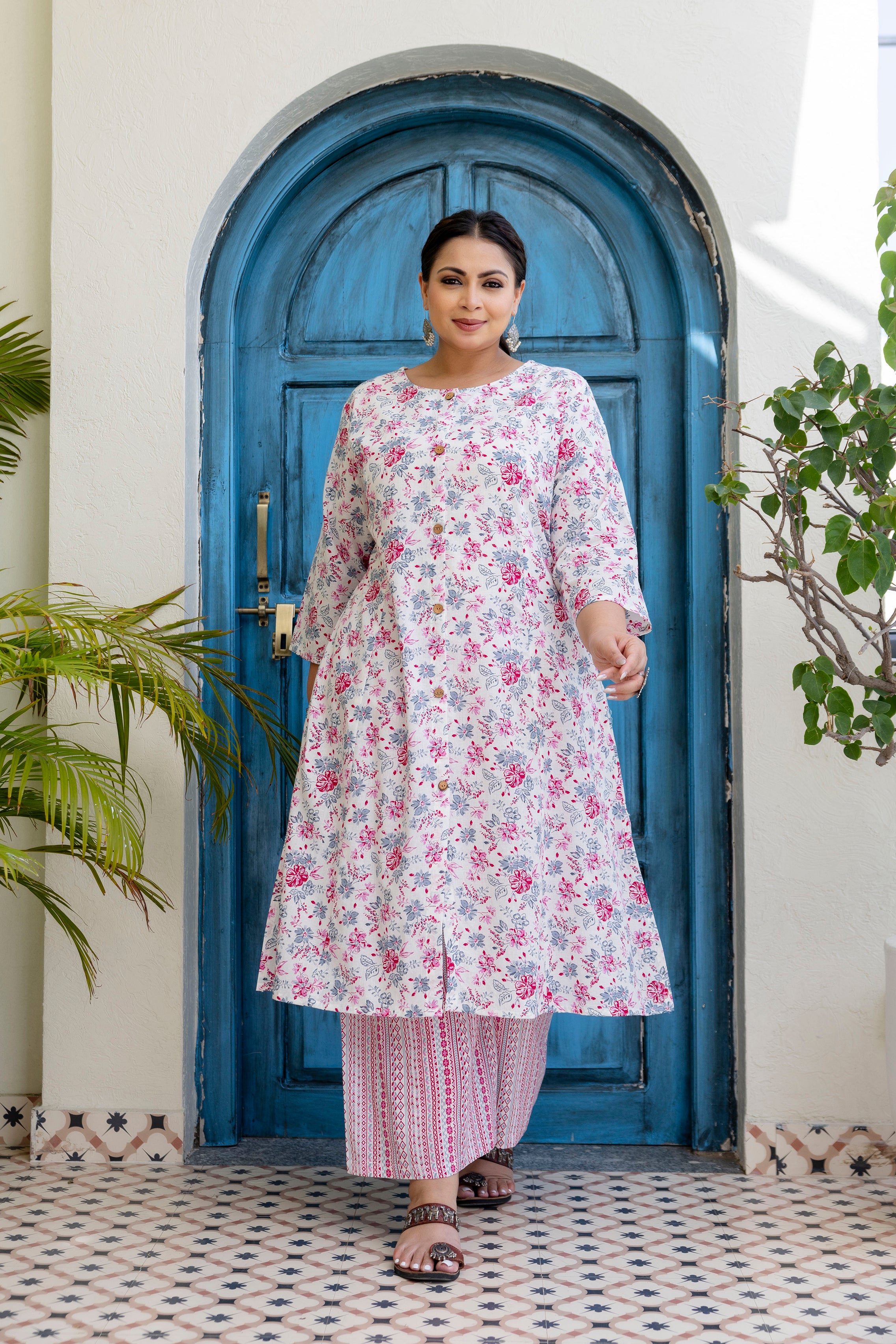 Mauve Pink Floral Kurta Palazzo Set