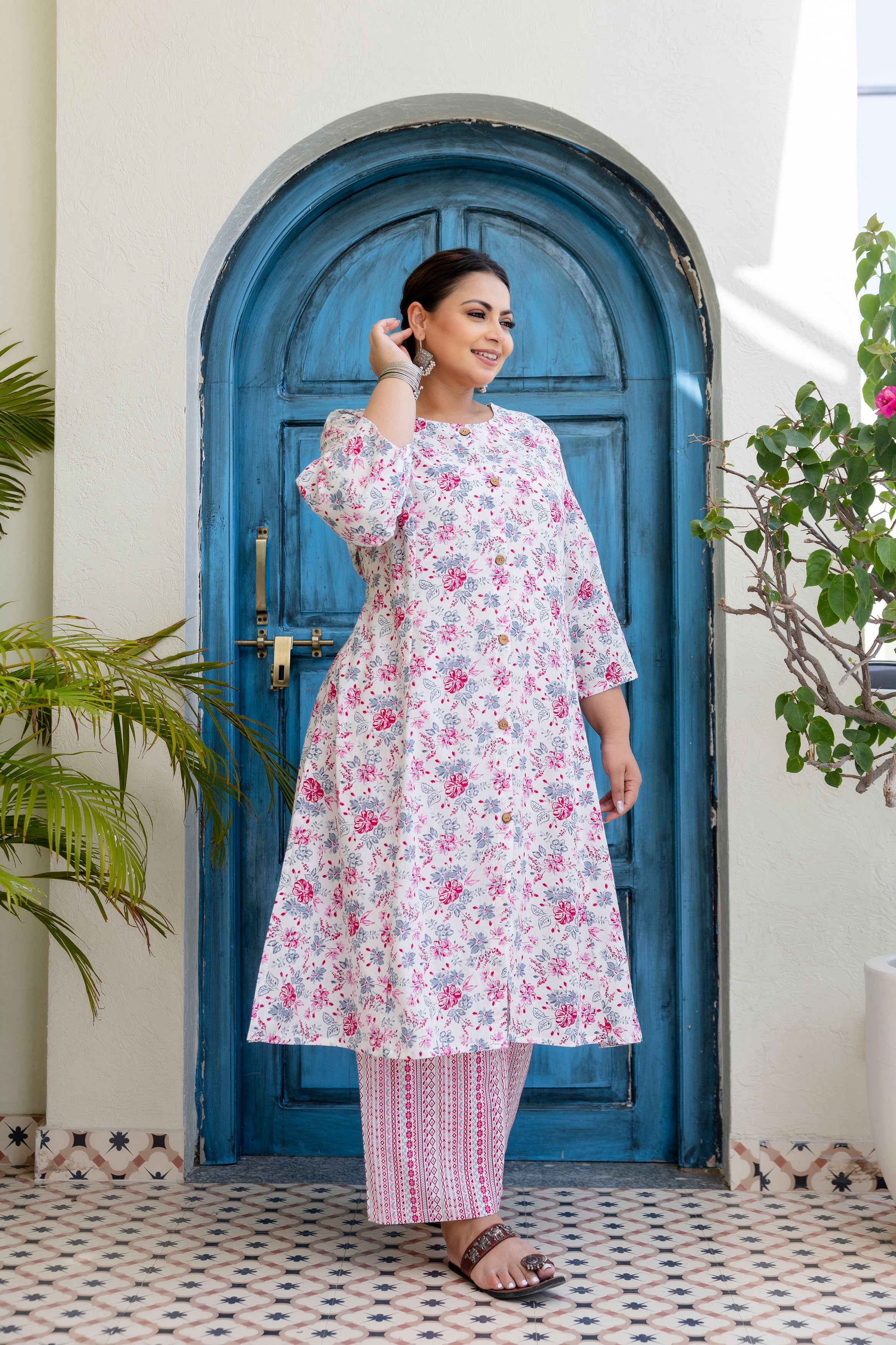Mauve Pink Floral Kurta Palazzo Set