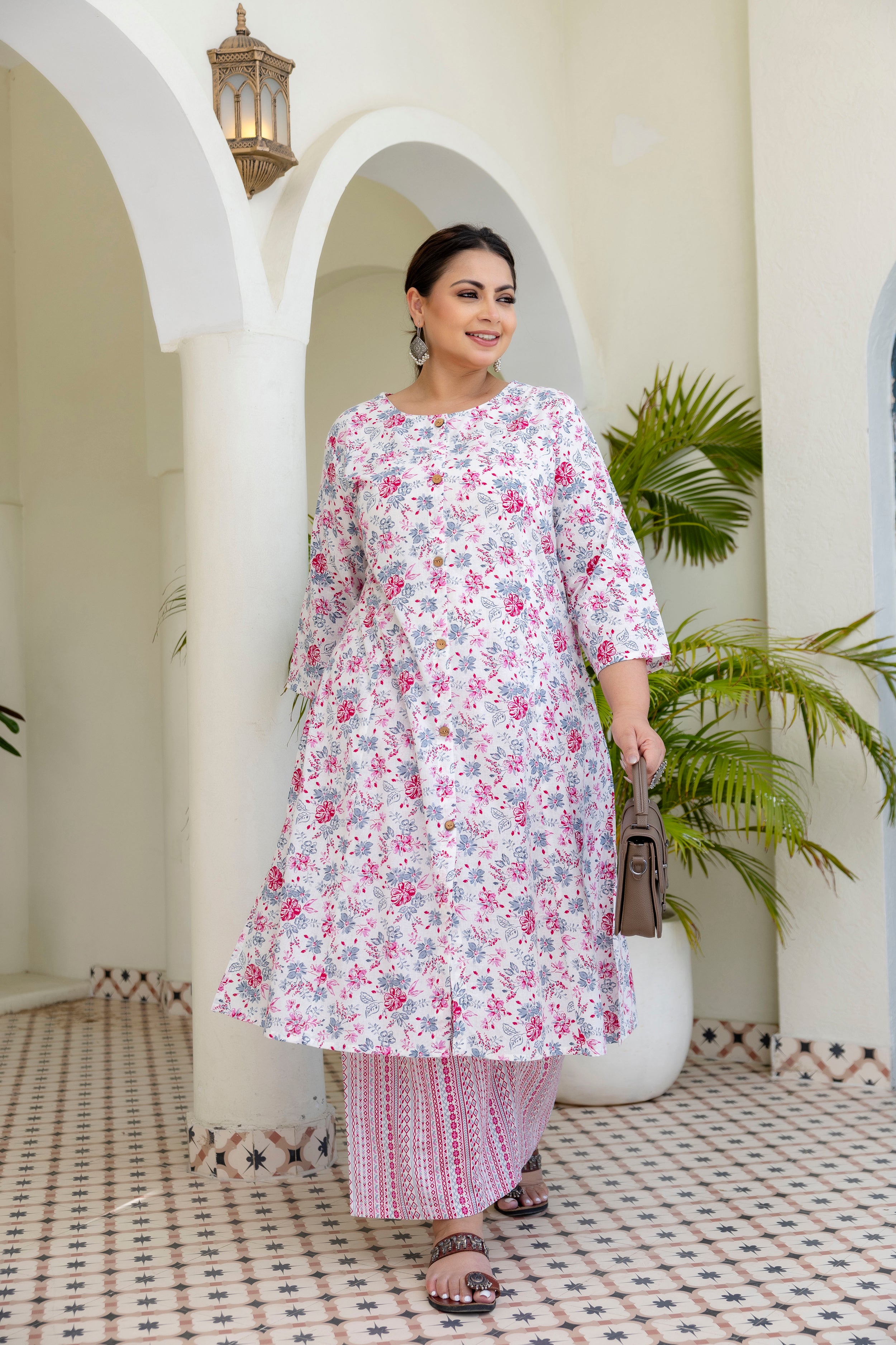 Mauve Pink Floral Kurta Palazzo Set