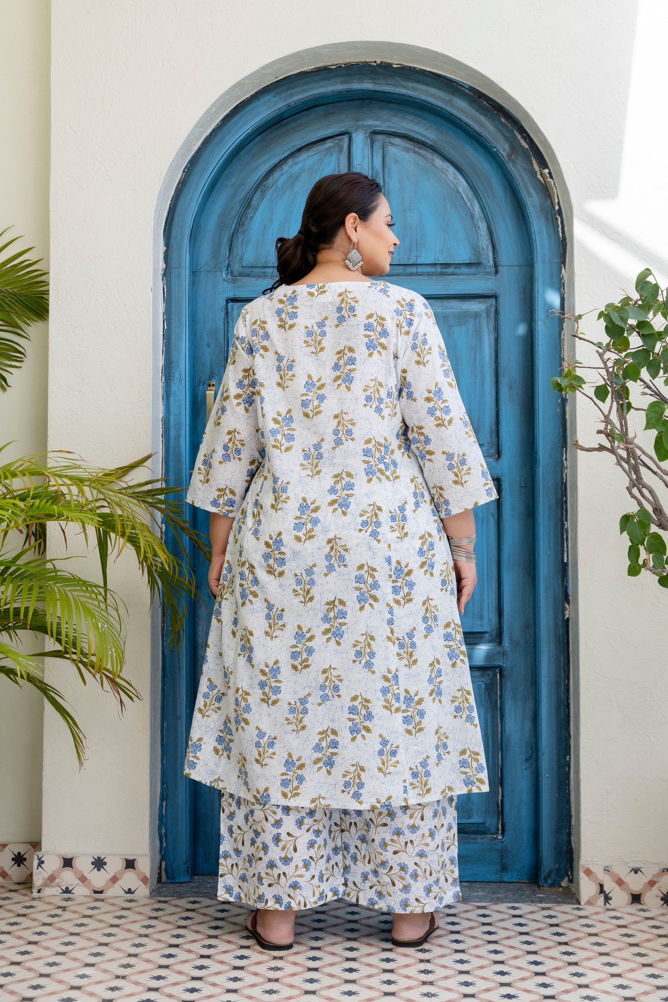 Powder Blue Floral Kurta Palazzo Set