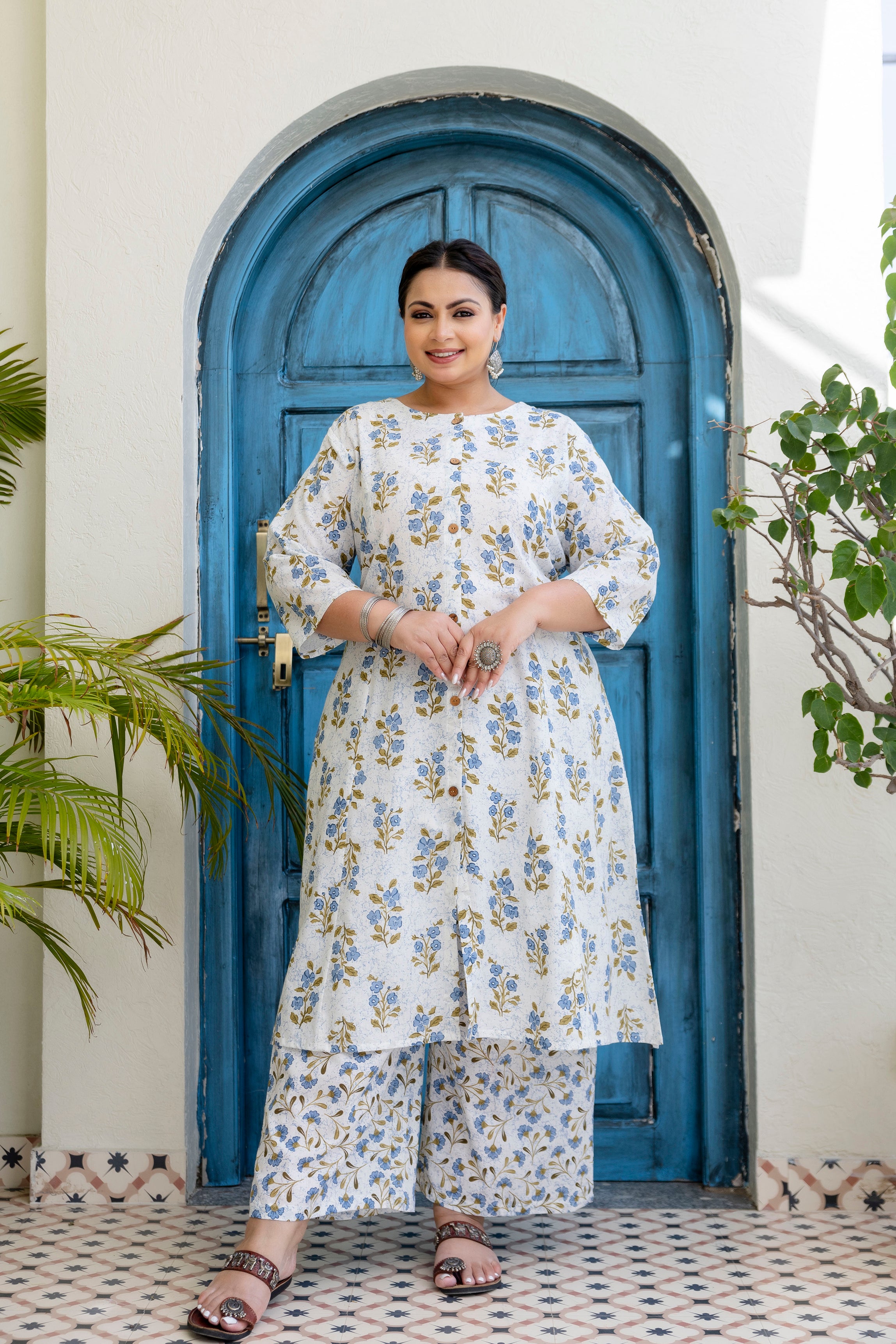 Powder Blue Floral Kurta Palazzo Set